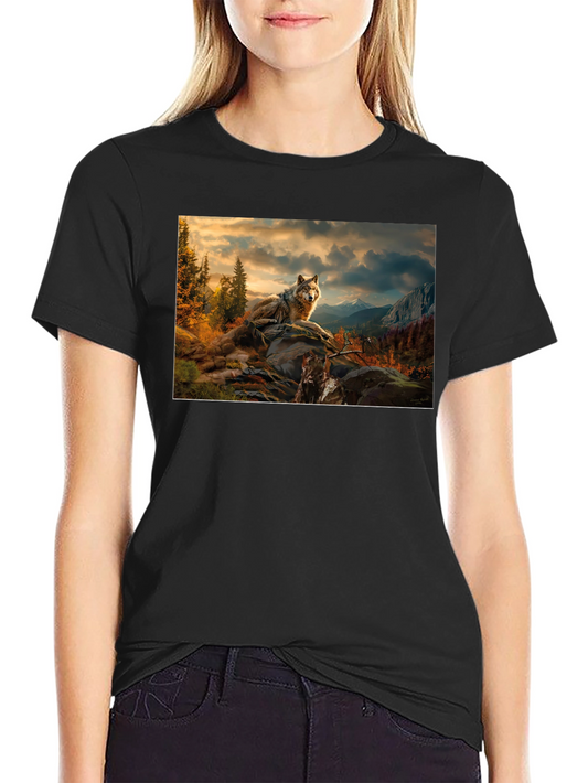 Wolf Landscape Graphic Tee - Stylish Black T-Shirt