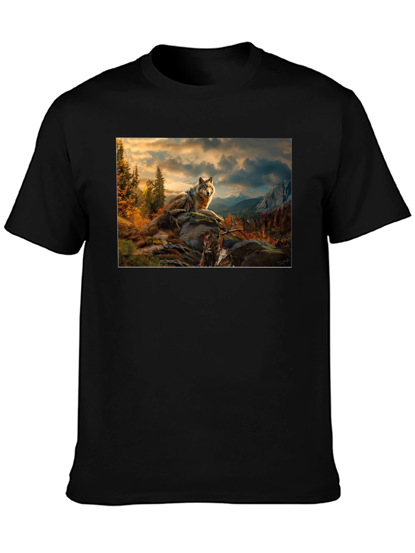 Wolf Landscape Graphic Tee - Stylish Black T-Shirt
