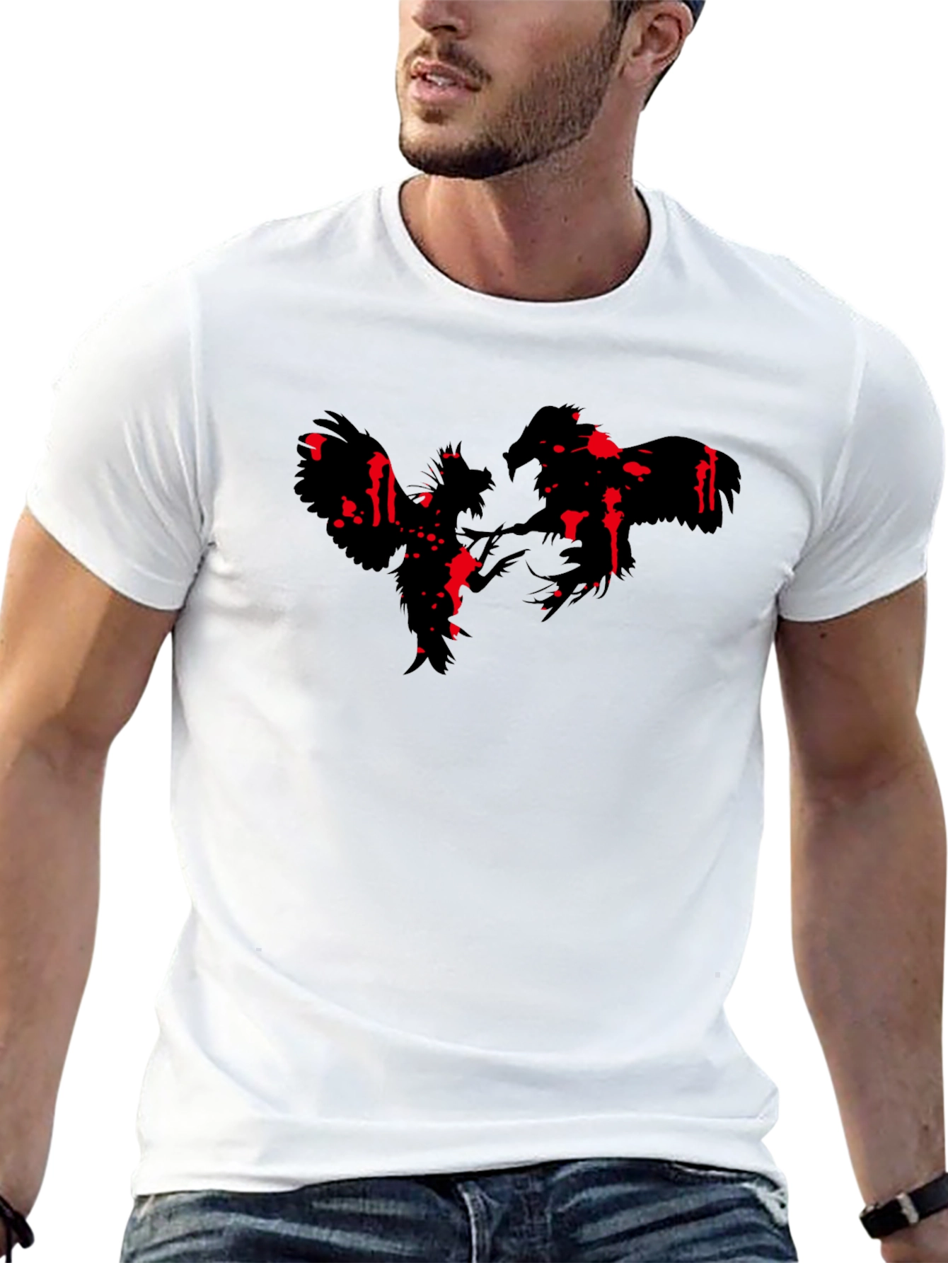 Rooster Fight Graphic Print Black T-Shirt