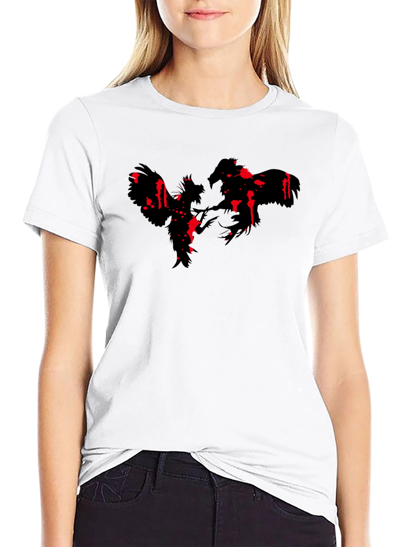 Rooster Fight Graphic Print Black T-Shirt
