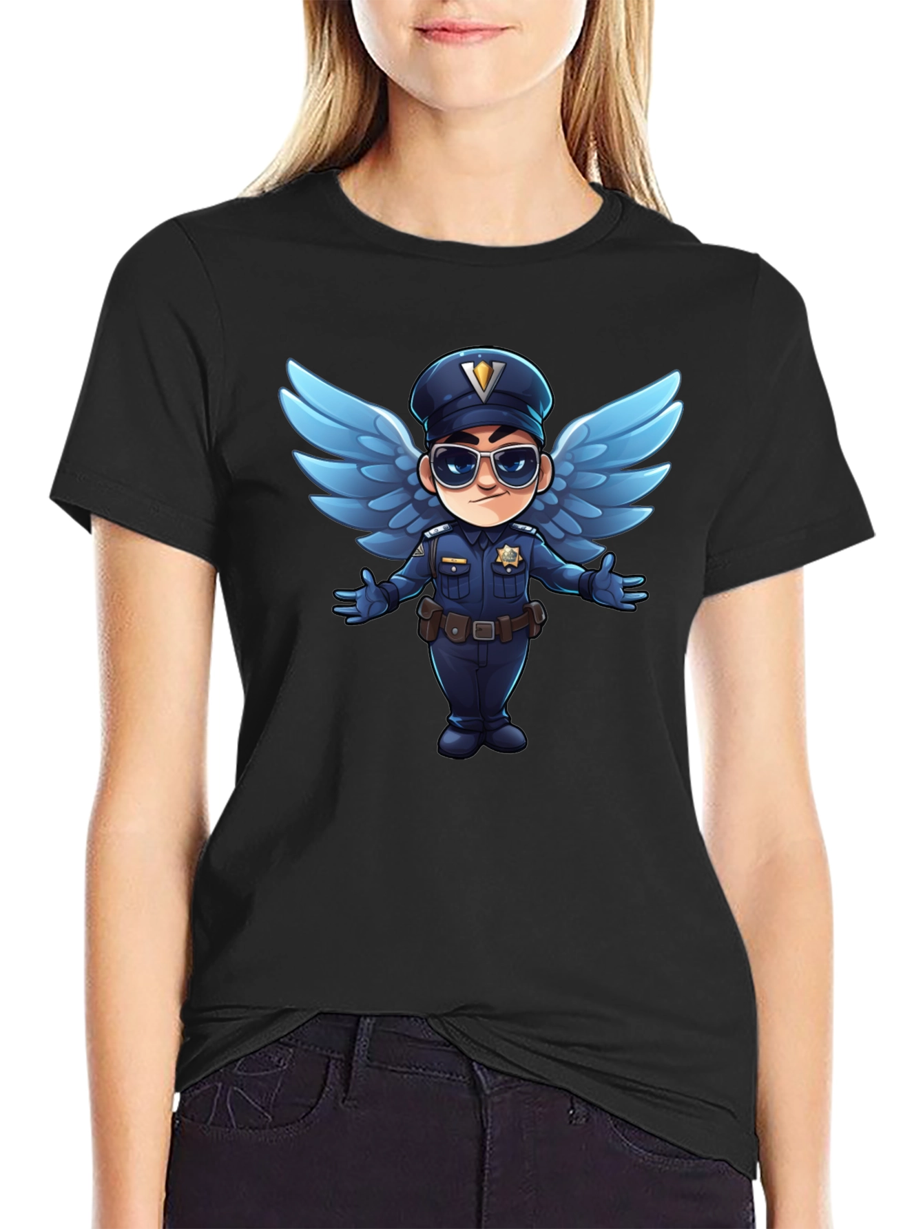 Cartoon Angel Cop T-Shirt - Black