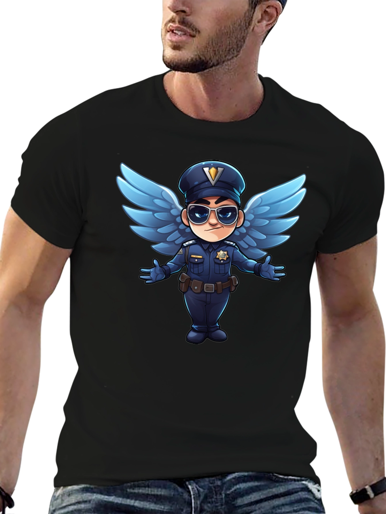 Cartoon Angel Cop T-Shirt - Black