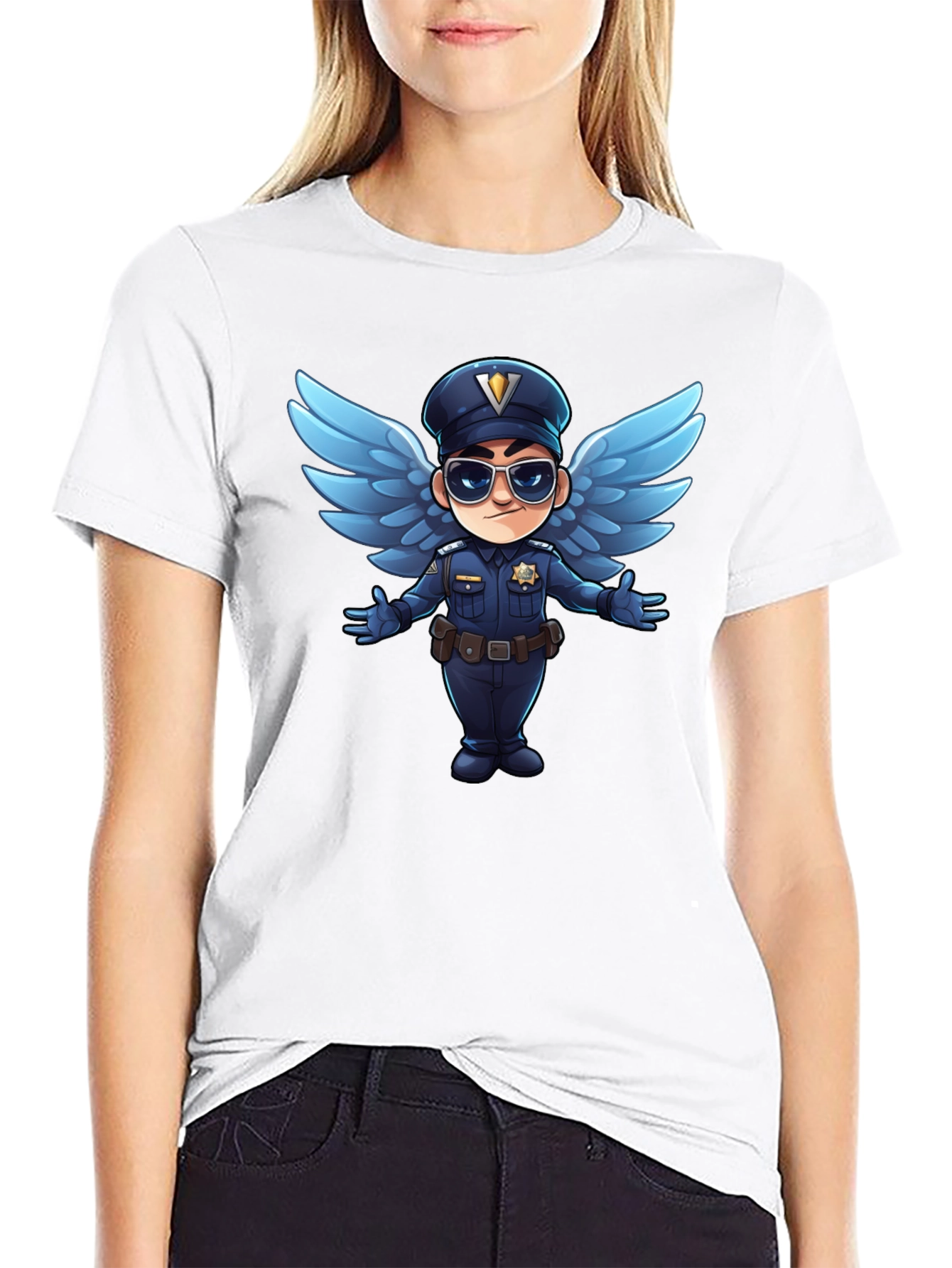 Cartoon Angel Cop T-Shirt - Black