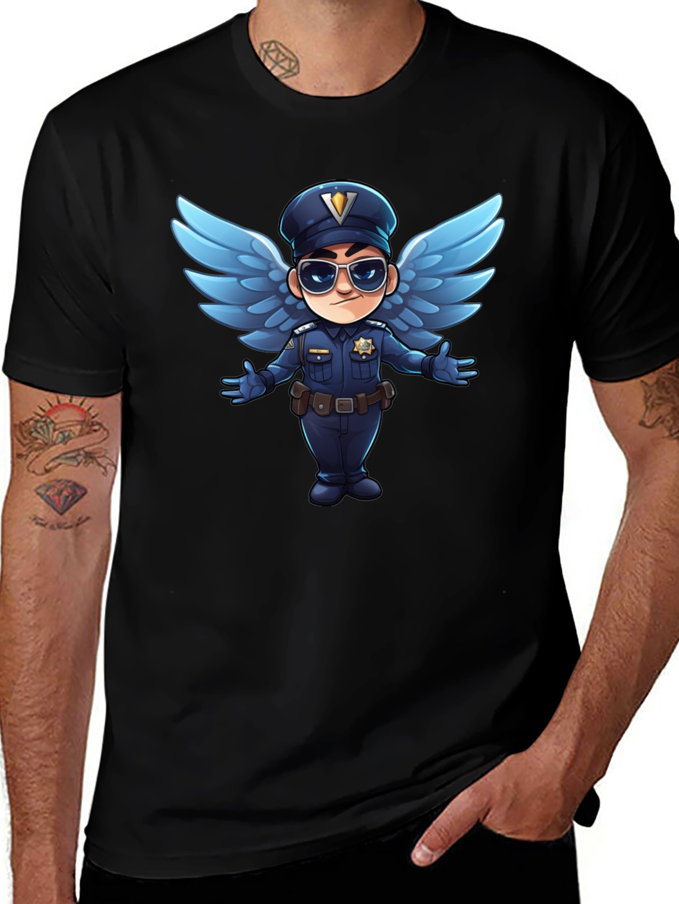 Cartoon Angel Cop T-Shirt - Black