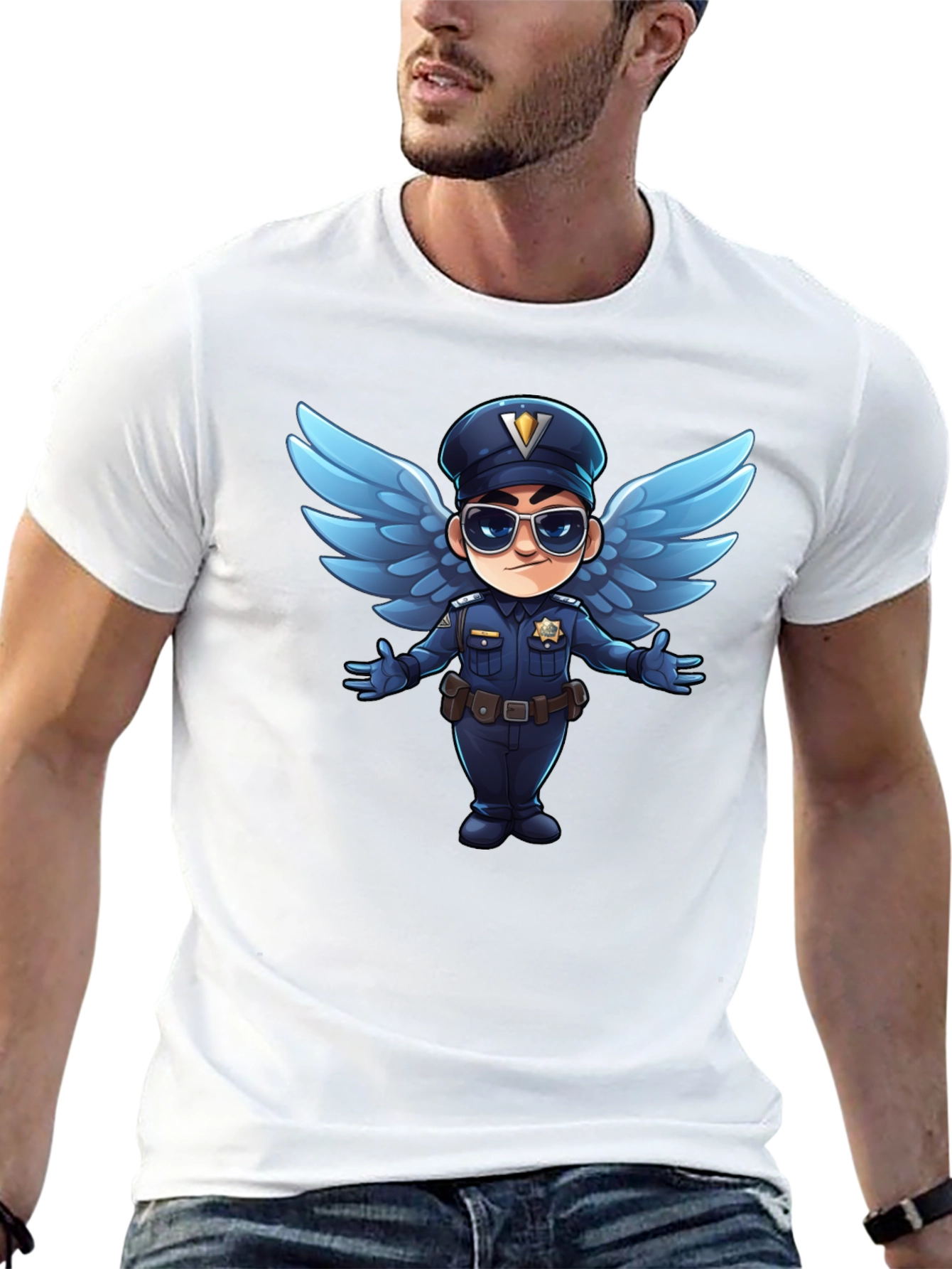 Cartoon Angel Cop T-Shirt - Black