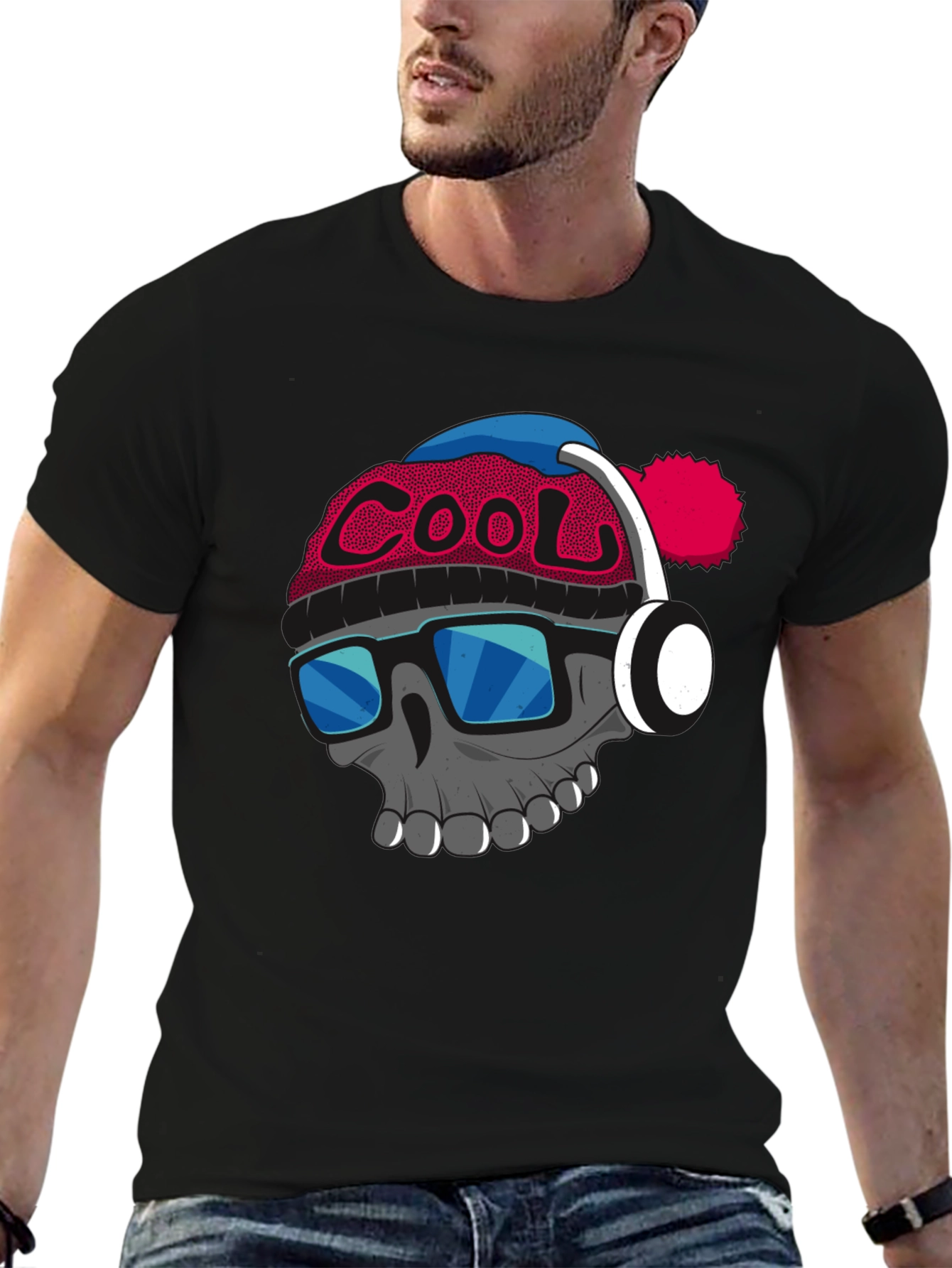 Cool Skull with Beanie & Headphones Graphic T-Shirt