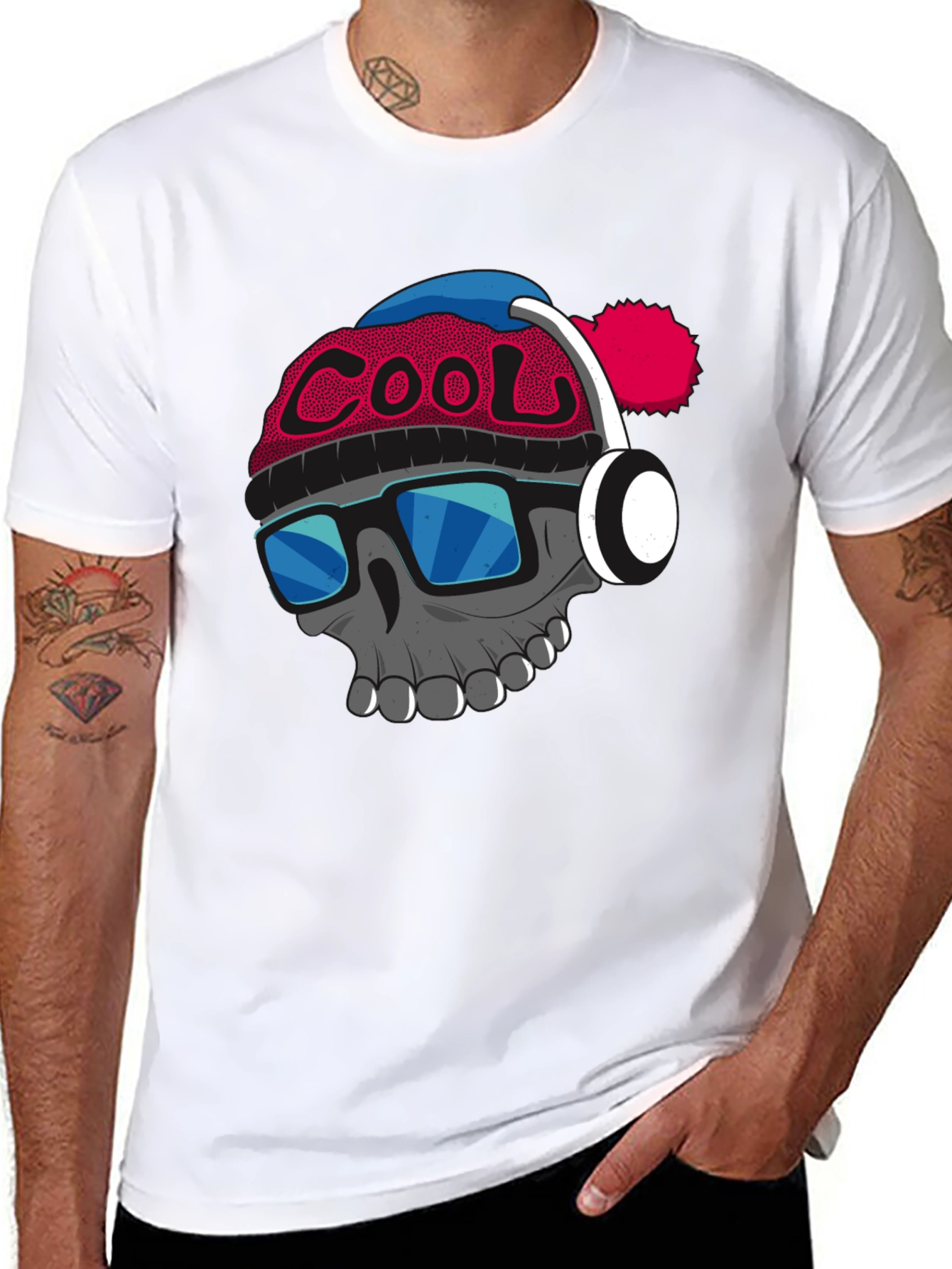 Cool Skull with Beanie & Headphones Graphic T-Shirt