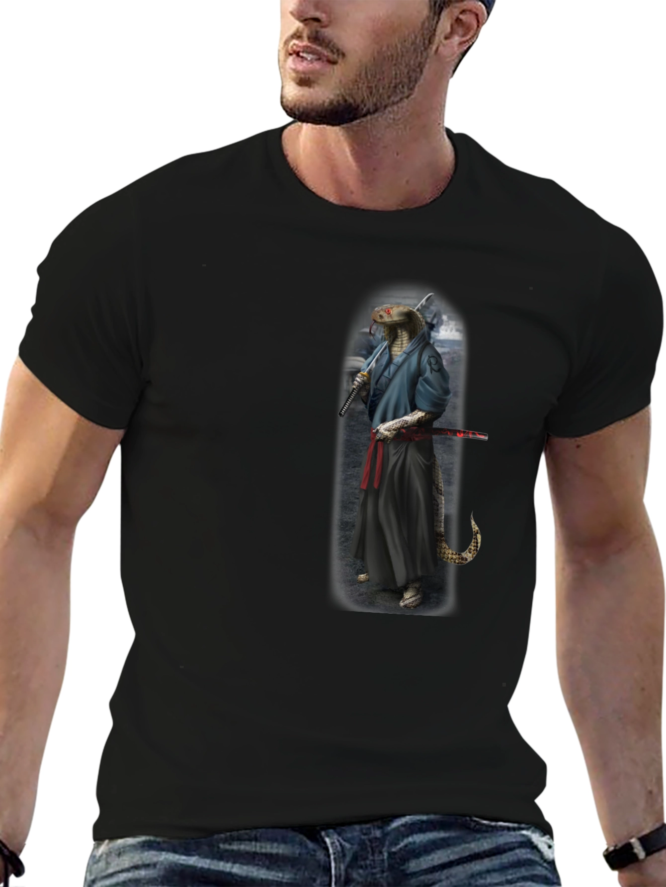 Mens Black T-Shirt with Snake Samurai Design