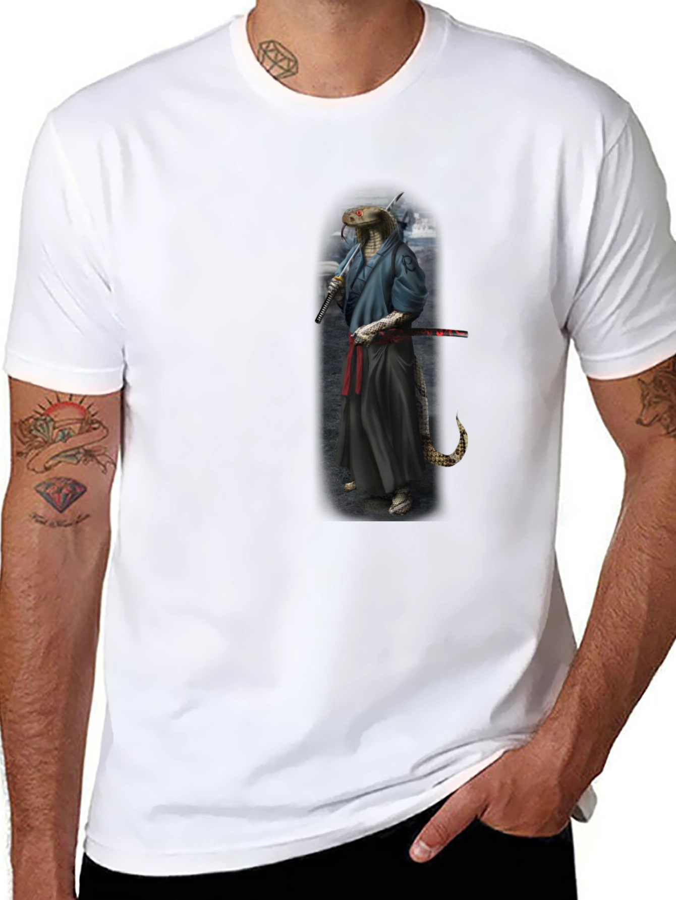 Mens Black T-Shirt with Snake Samurai Design