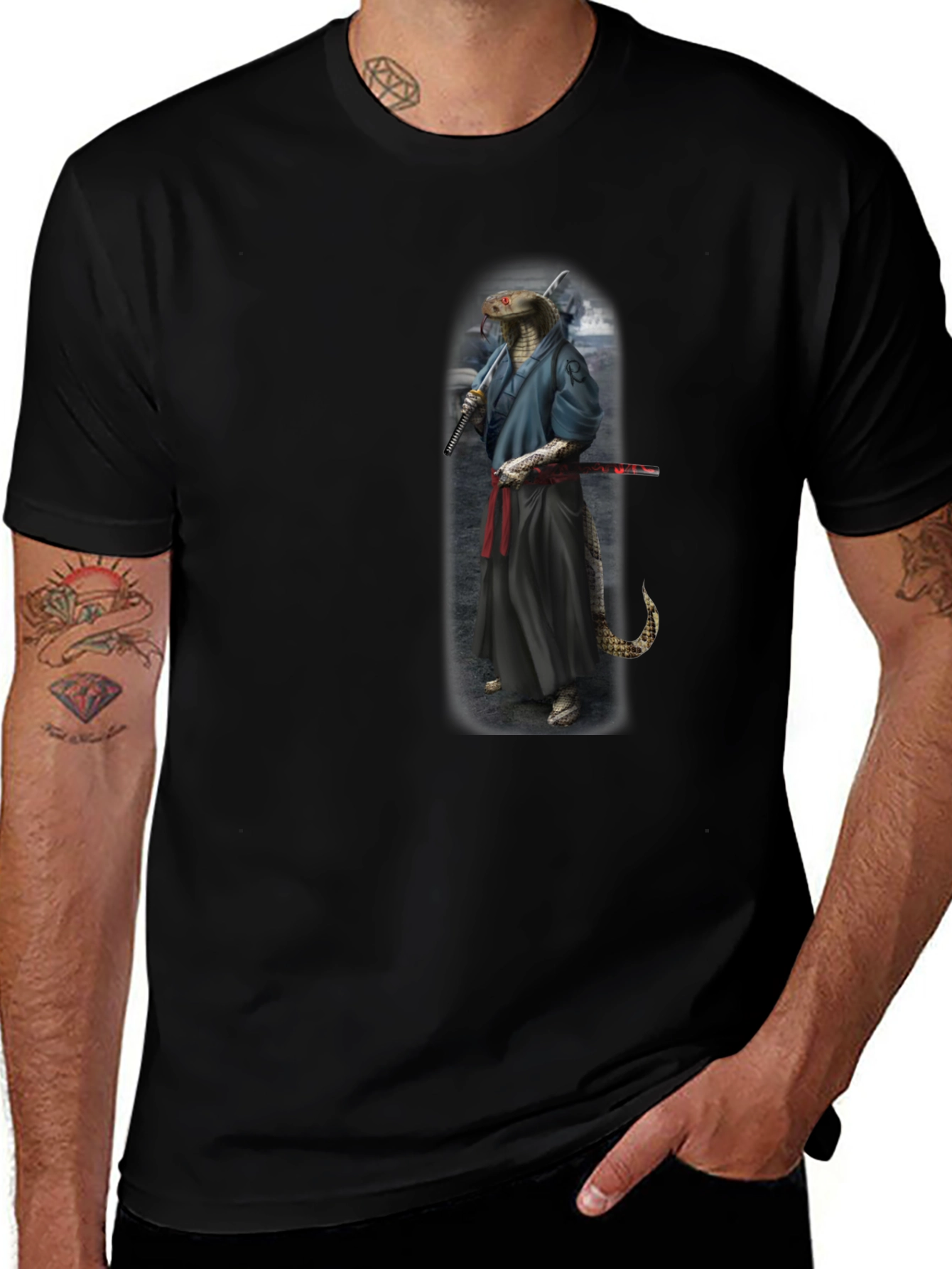 Mens Black T-Shirt with Snake Samurai Design