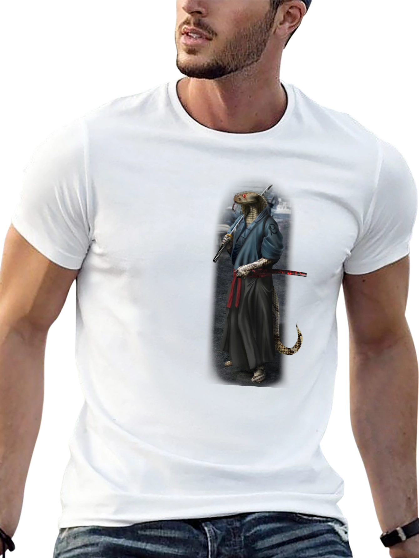 Mens Black T-Shirt with Snake Samurai Design