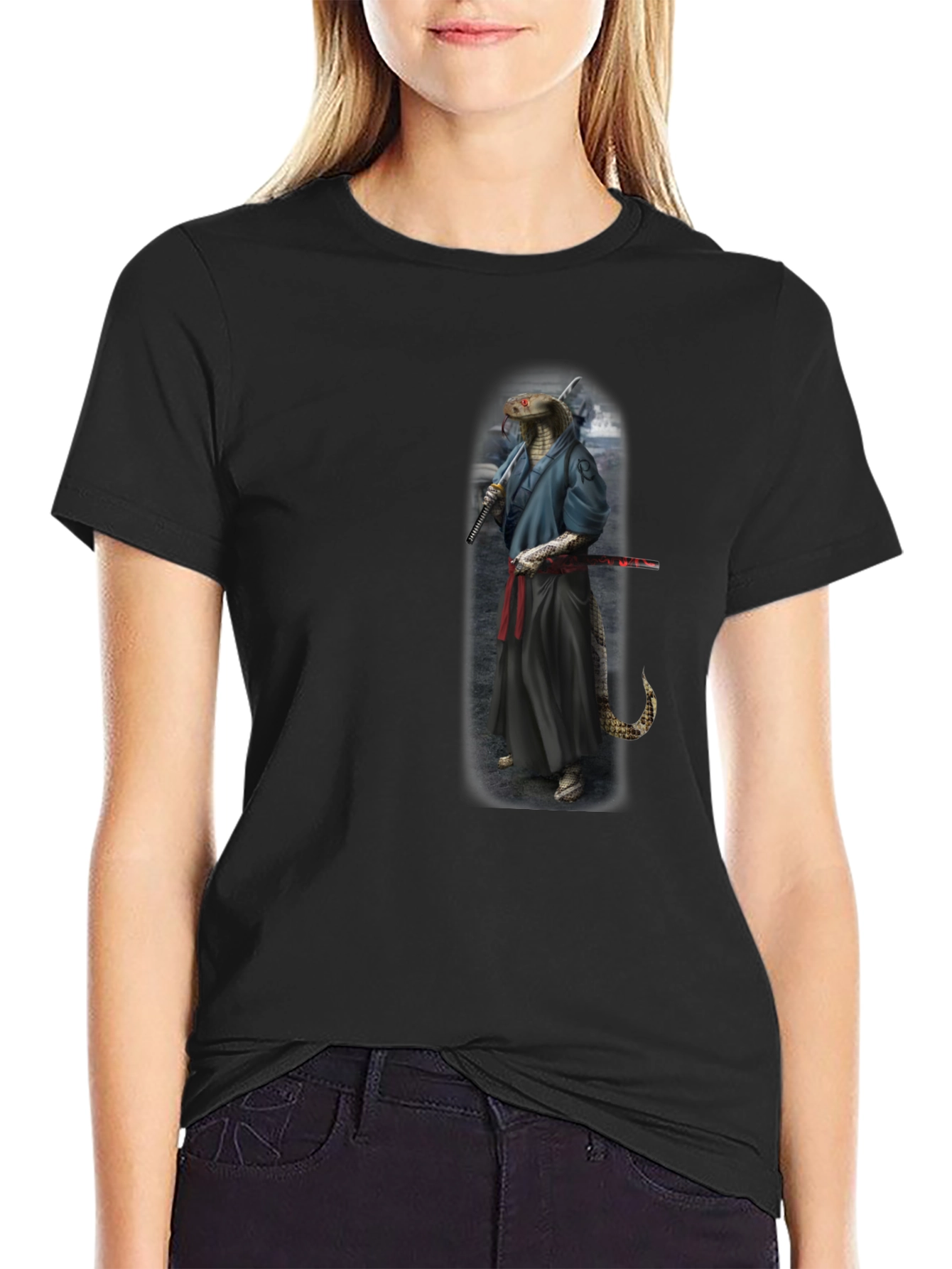 Mens Black T-Shirt with Snake Samurai Design