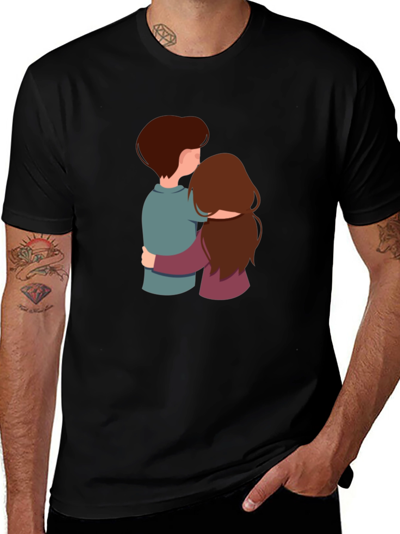 Couple Hugging Graphic Black Tee Shirt