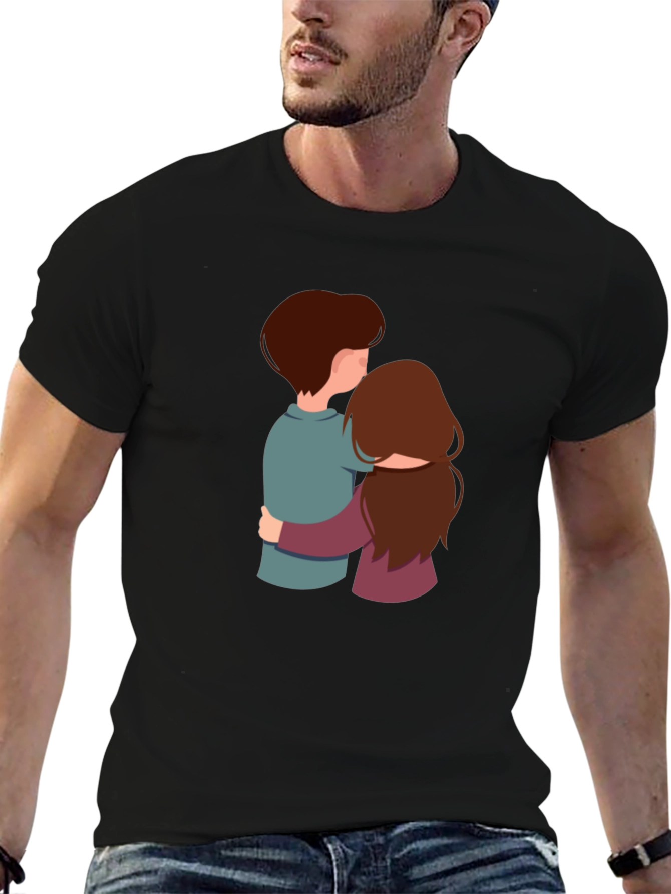 Couple Hugging Graphic Black Tee Shirt