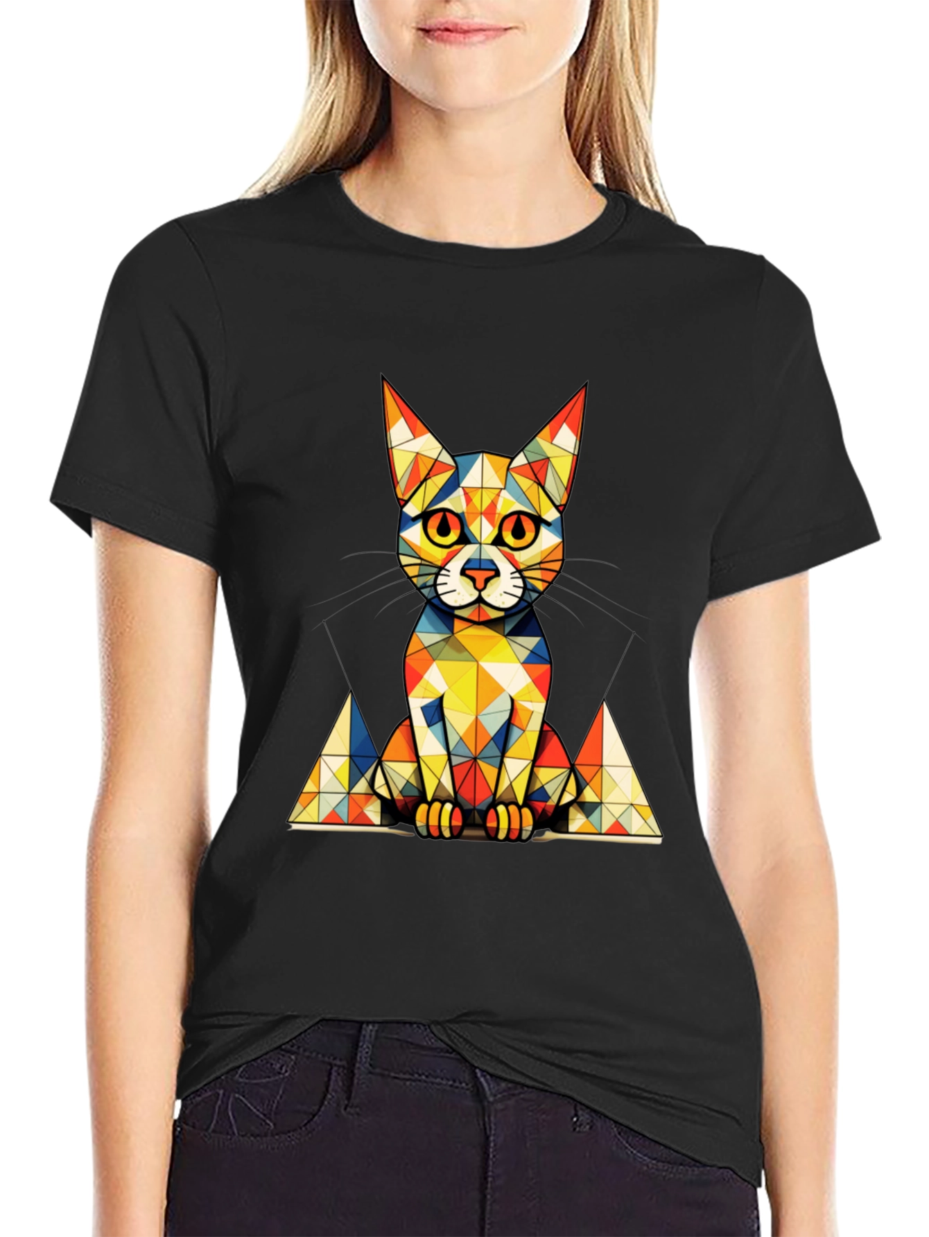 Geometric Cat Graphic Tee - Stylish Mens Black T-Shirt