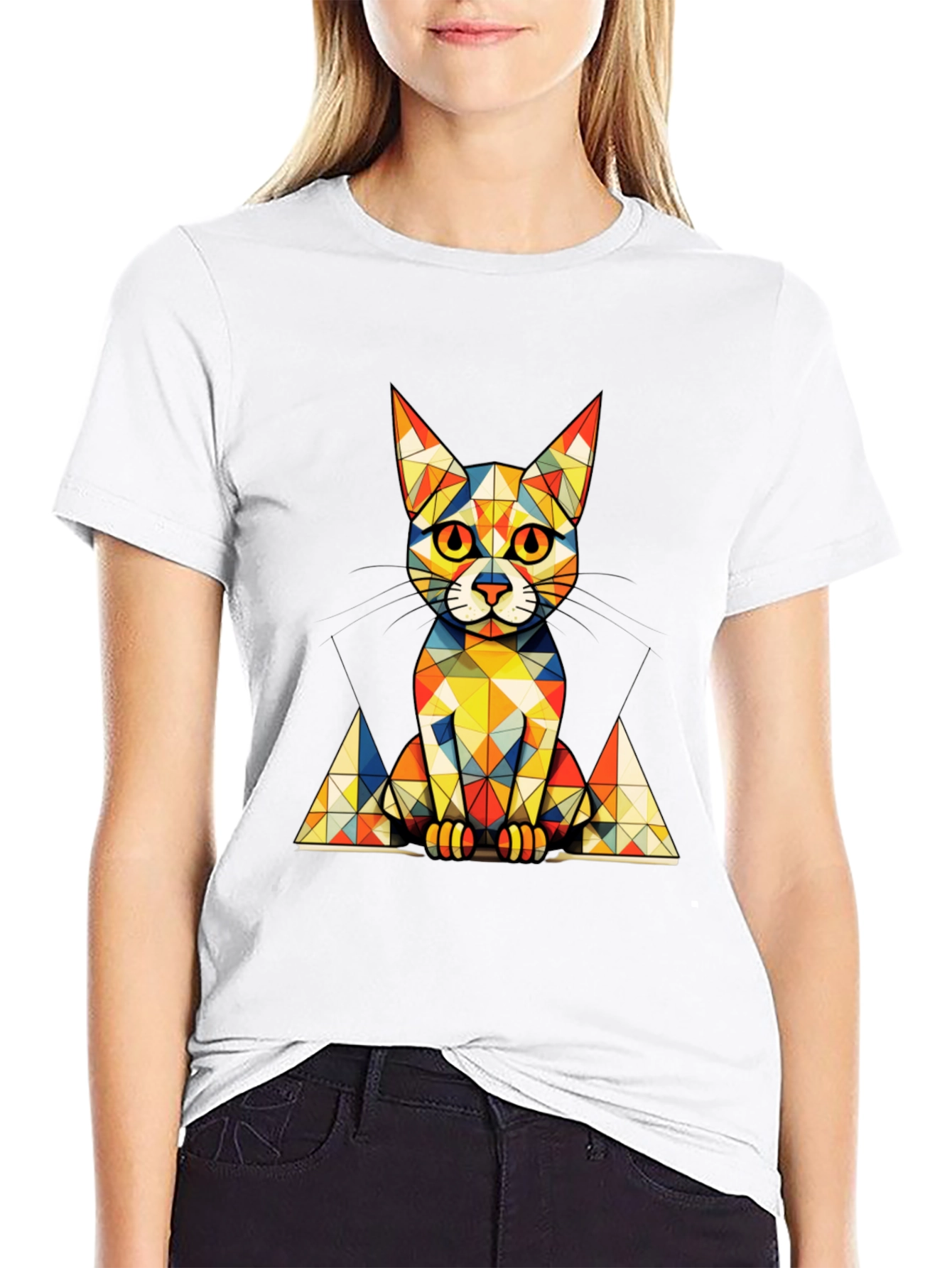 Geometric Cat Graphic Tee - Stylish Mens Black T-Shirt