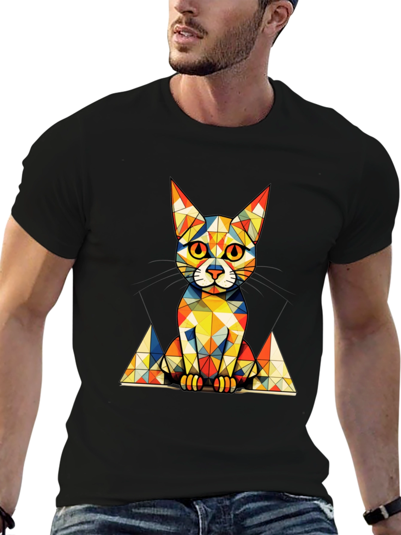 Geometric Cat Graphic Tee - Stylish Mens Black T-Shirt