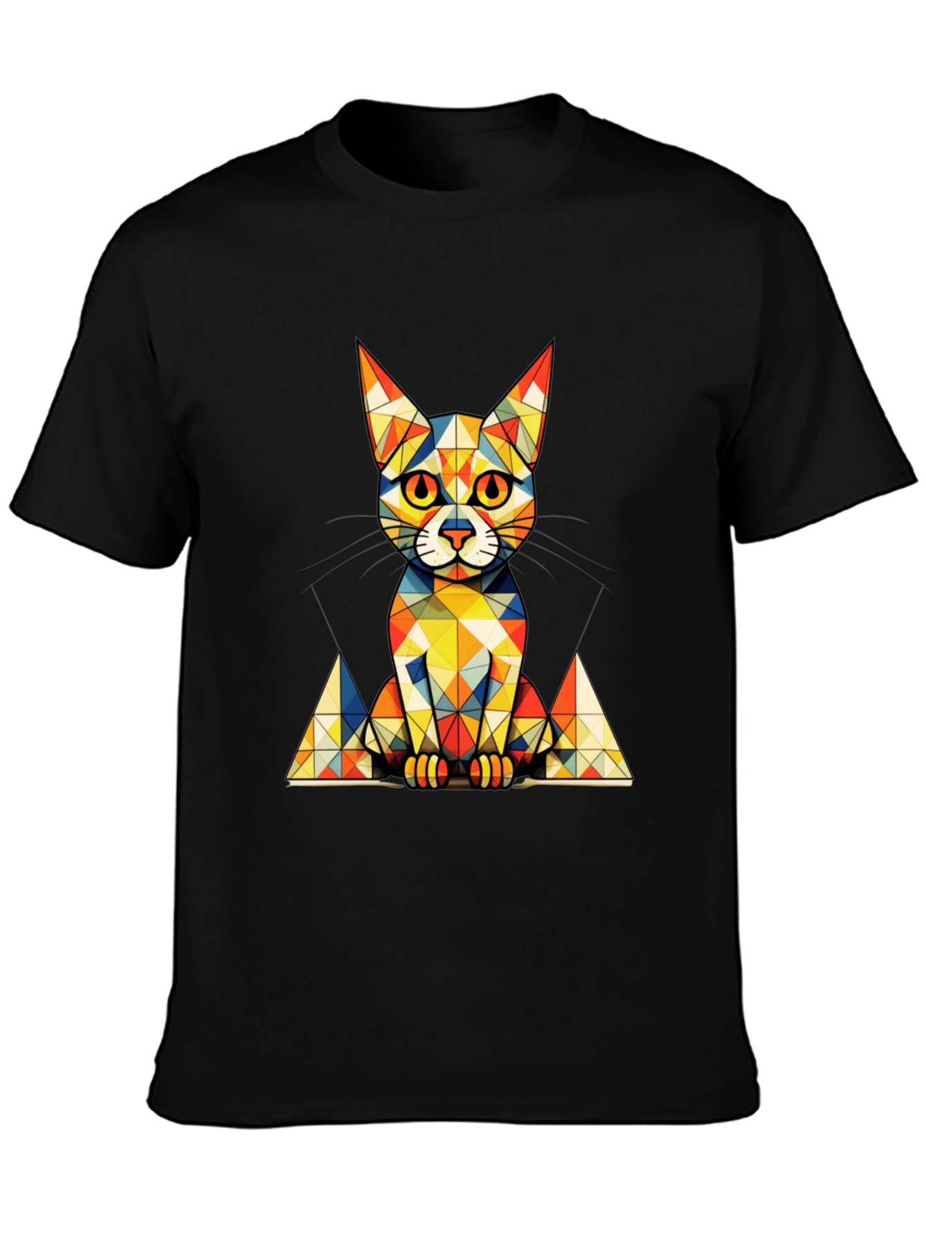 Geometric Cat Graphic Tee - Stylish Mens Black T-Shirt