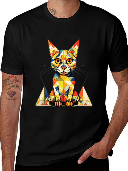 Geometric Cat Graphic Tee - Stylish Mens Black T-Shirt