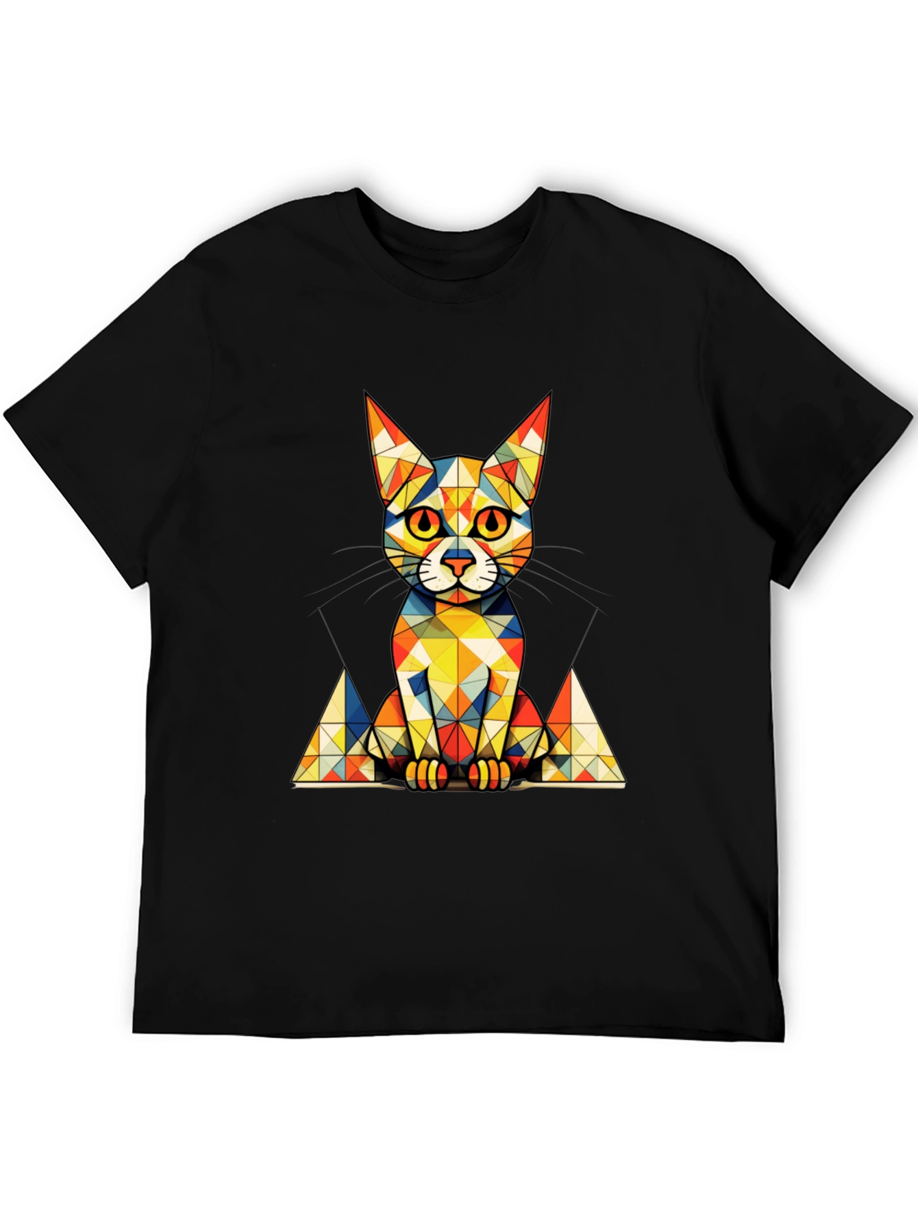 Geometric Cat Graphic Tee - Stylish Mens Black T-Shirt