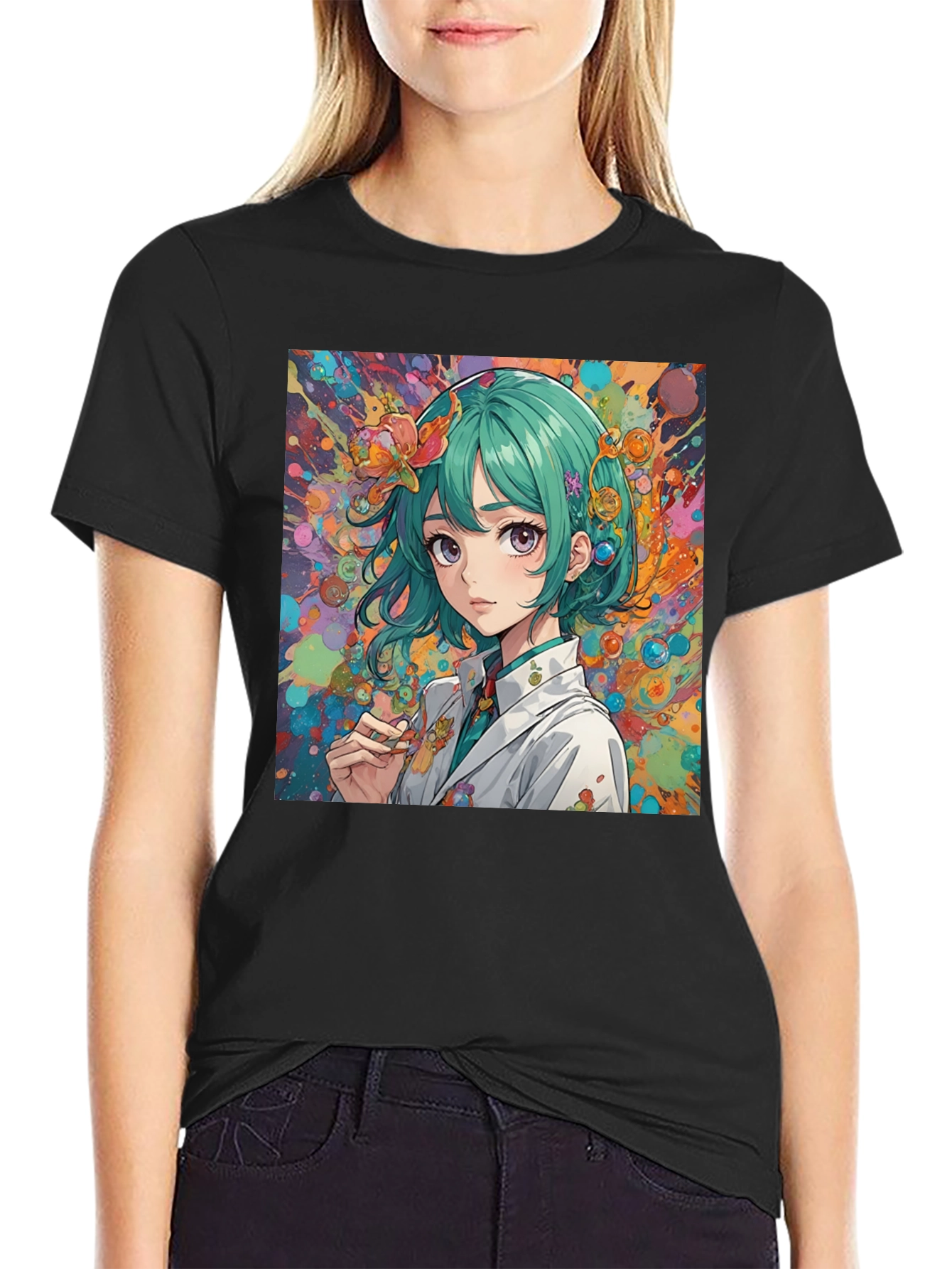 Anime Girl Art Graphic Black T-Shirt