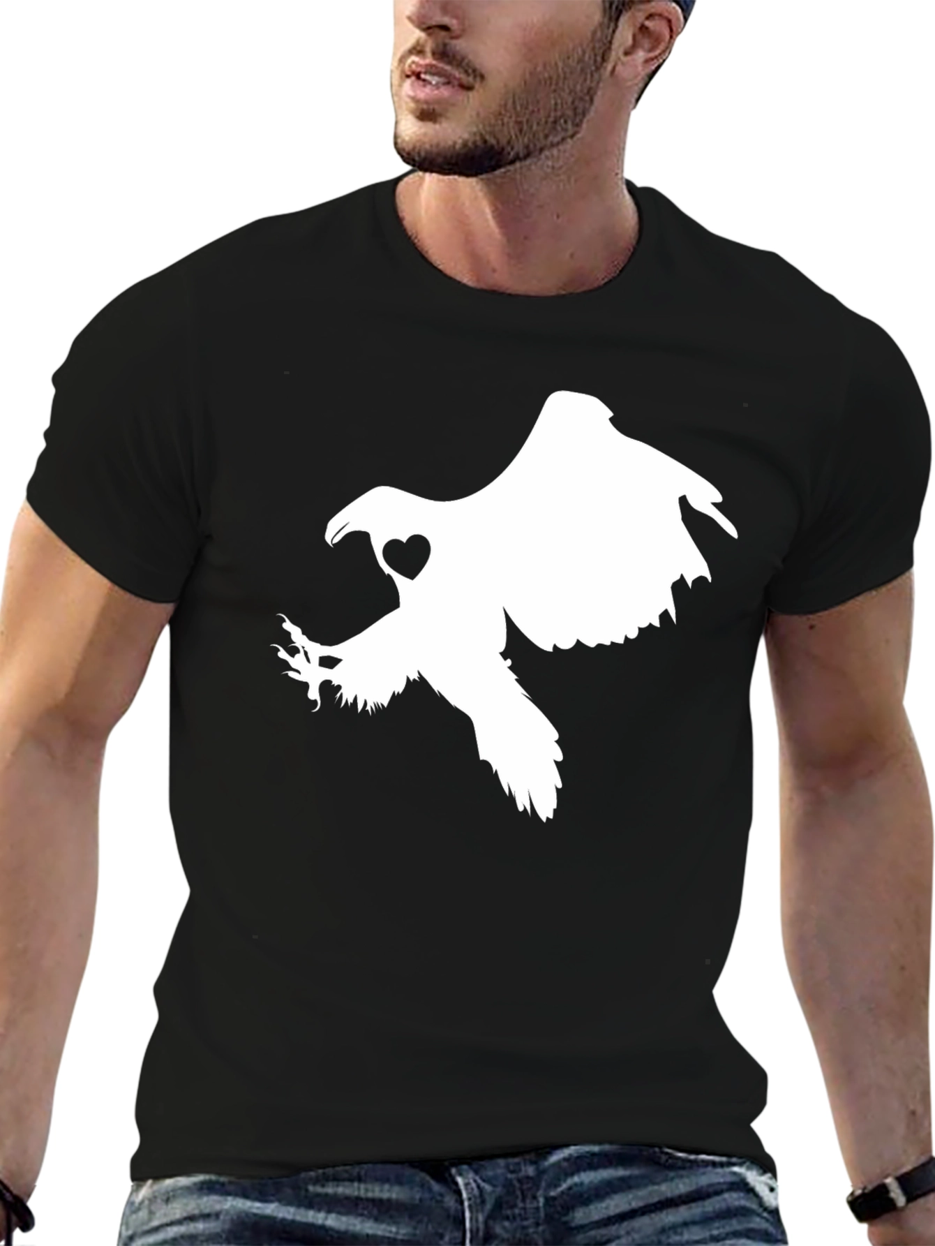 Black T-shirt with White Eagle Heart Graphic