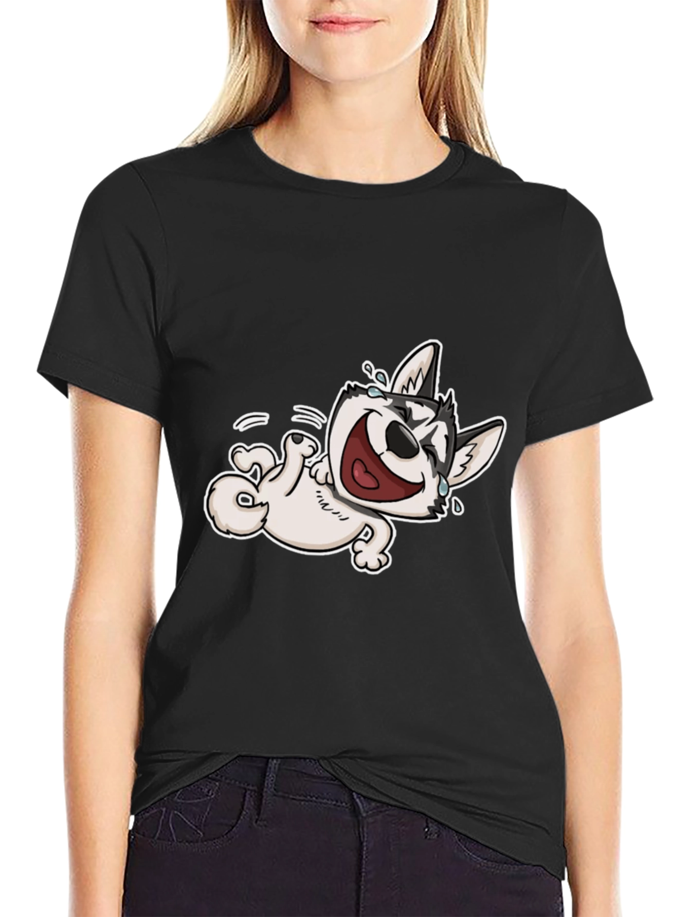 Laughing Husky T-Shirt - Black Cotton Tee