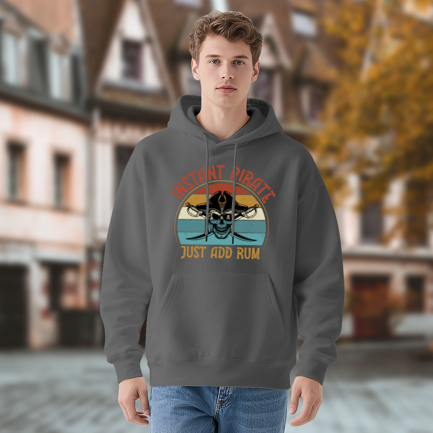 Retro Instant Pirate Skull Gray Hoodie, Funny Rum Lover Cozy Pullover