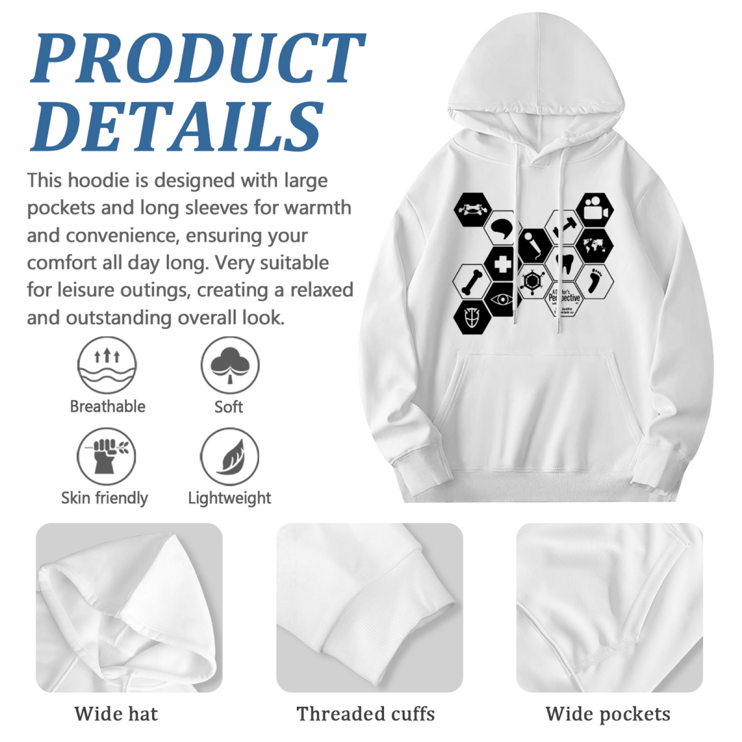 Doctor Specialty Hexagon Icon White Hoodie, Medical Worker Comfort Pullover
