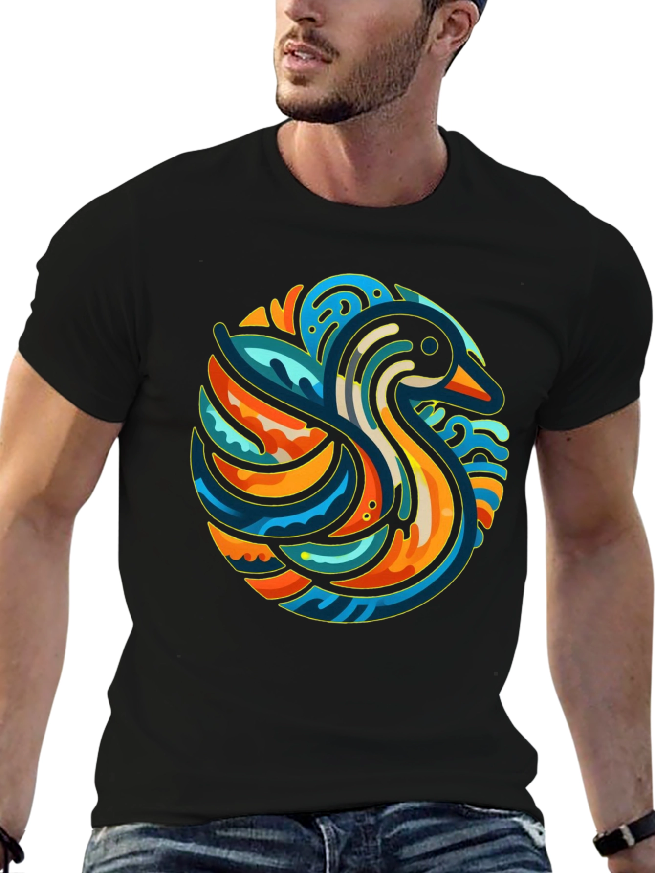 Abstract Duck Graphic Tee - Stylish Black T-Shirt
