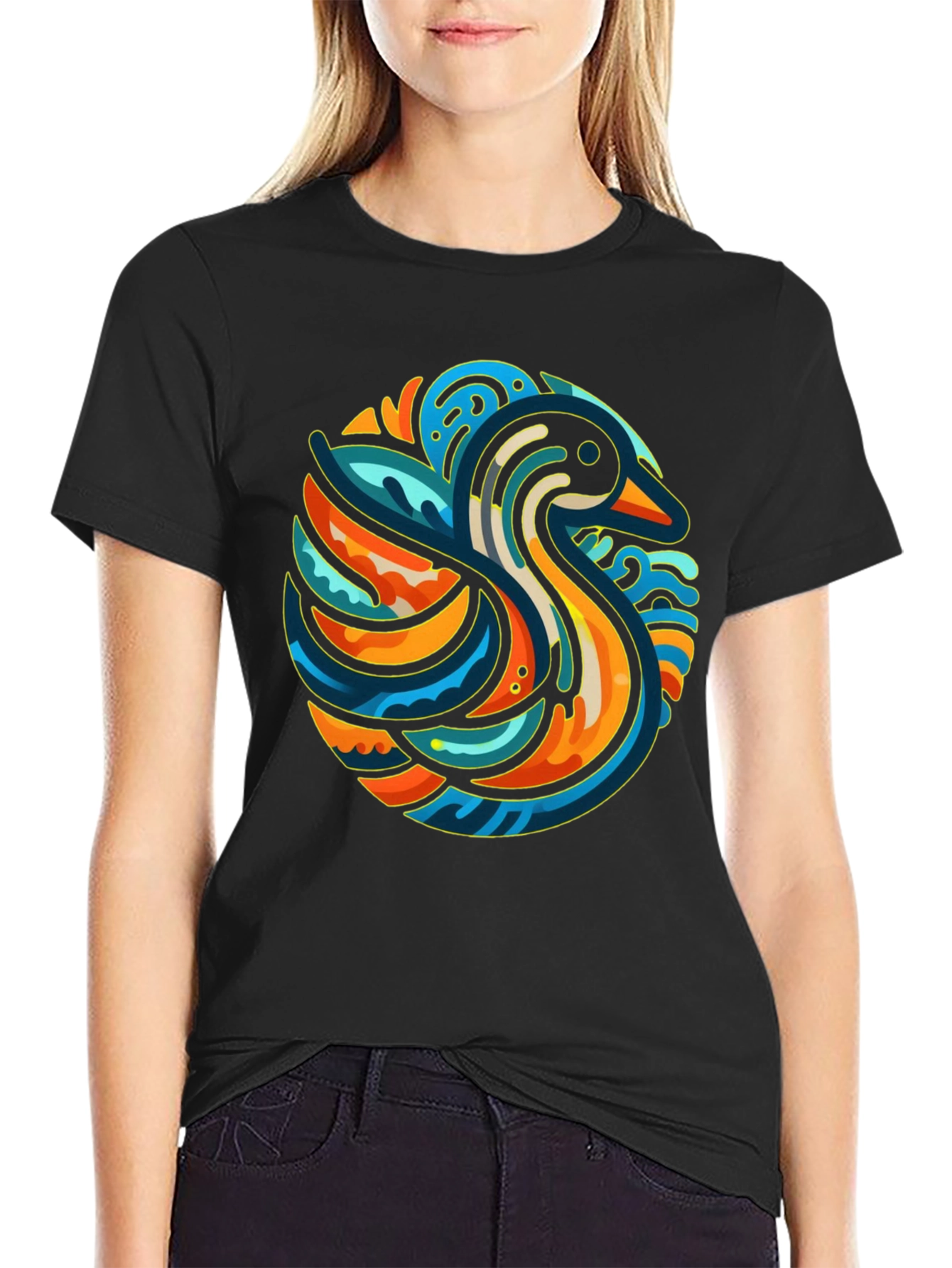 Abstract Duck Graphic Tee - Stylish Black T-Shirt
