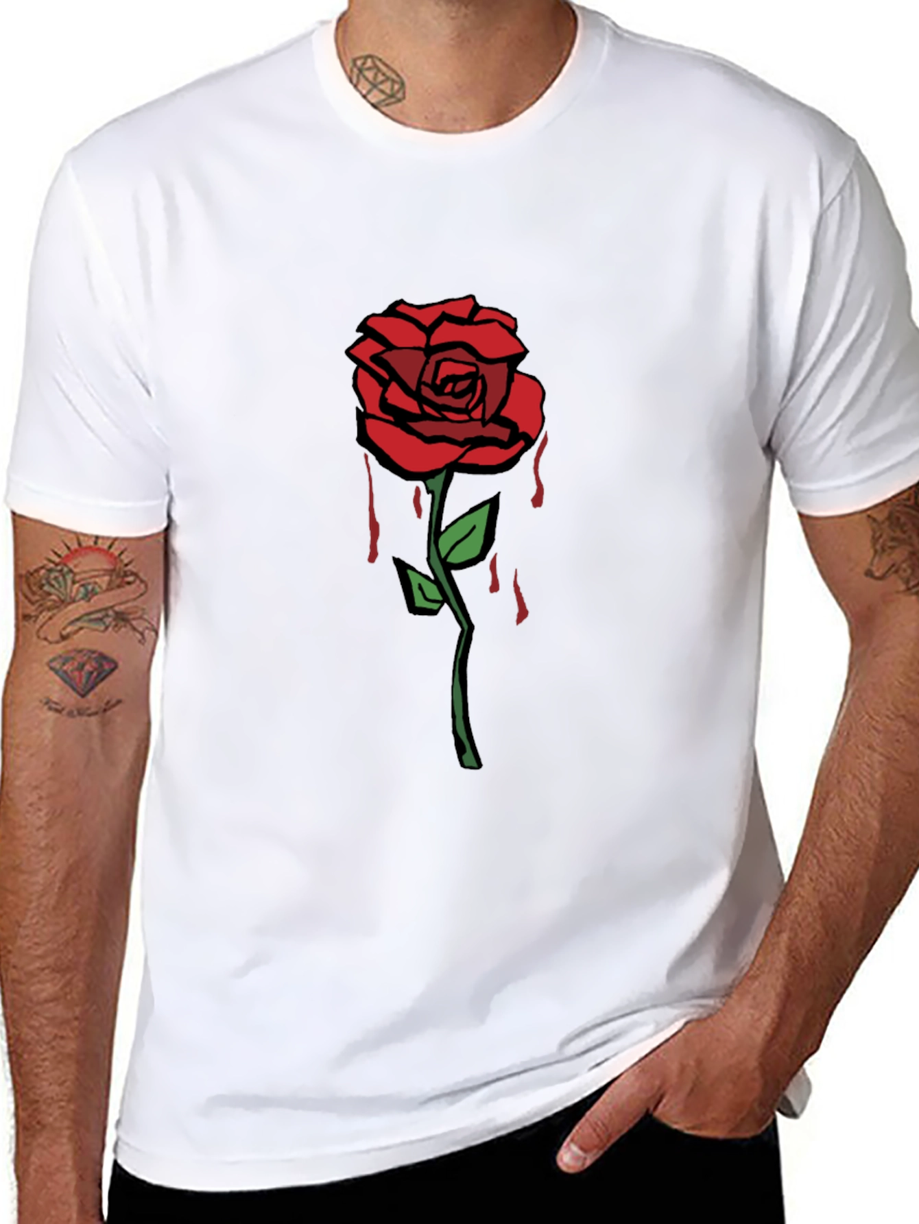 Mens Black Graphic T-Shirt - Red Rose Design
