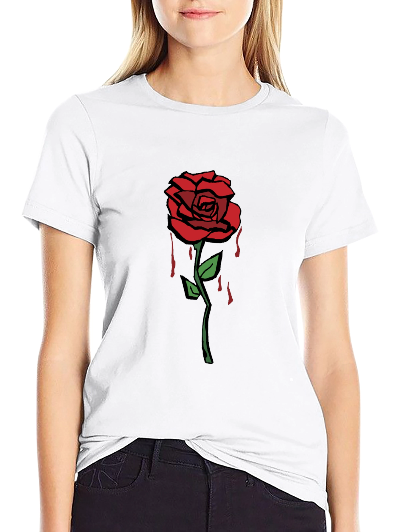 Mens Black Graphic T-Shirt - Red Rose Design
