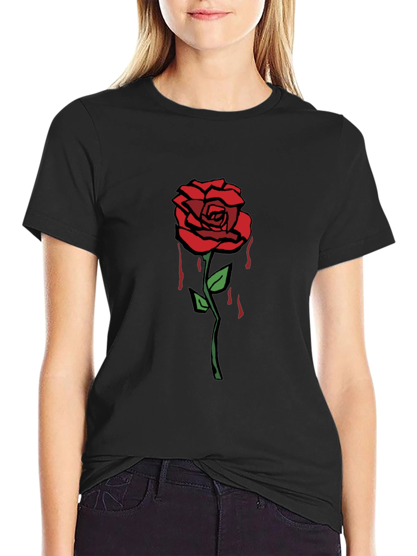 Mens Black Graphic T-Shirt - Red Rose Design