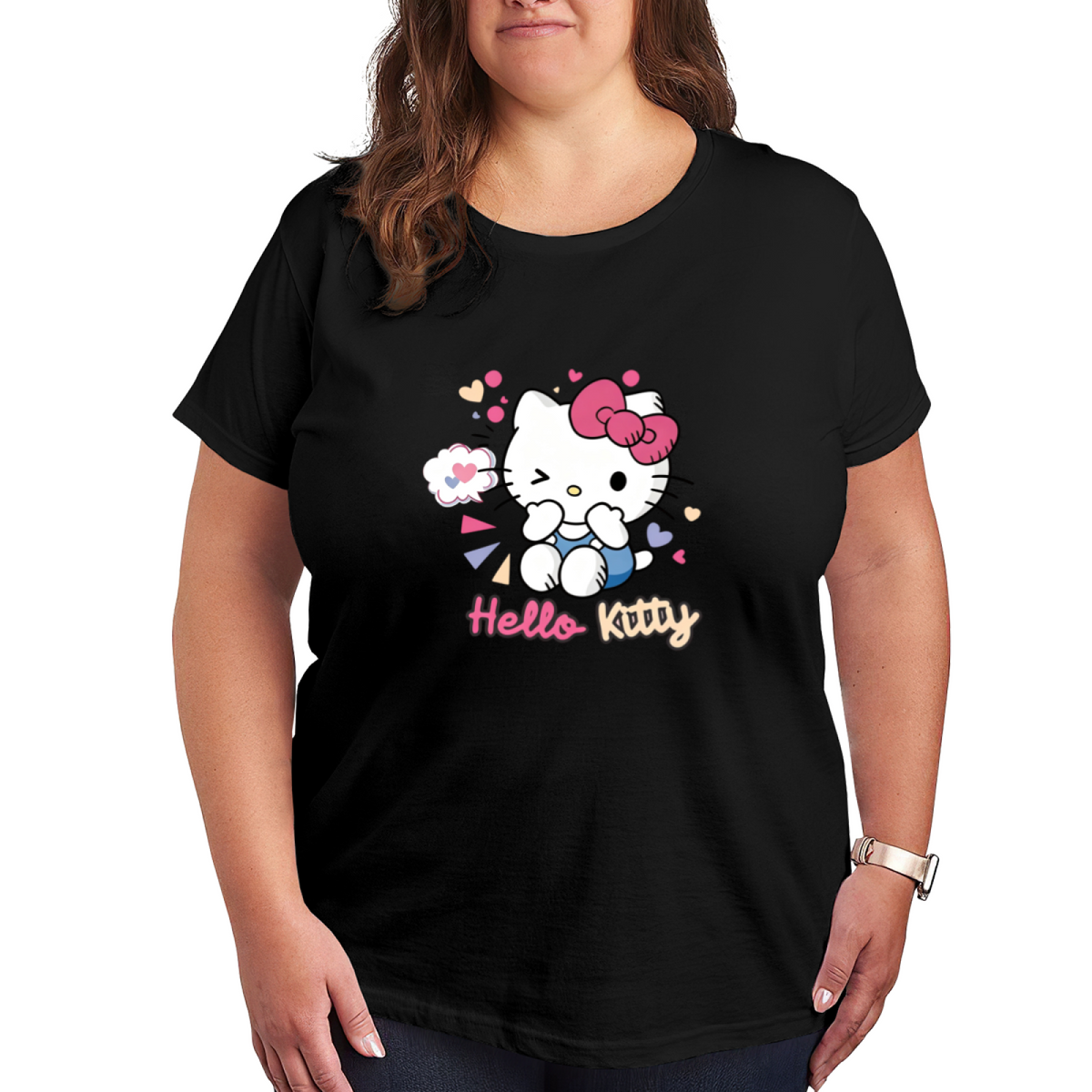 Playful Winking Hello Kitty Heart Decor Plus?Size Ladies Tee