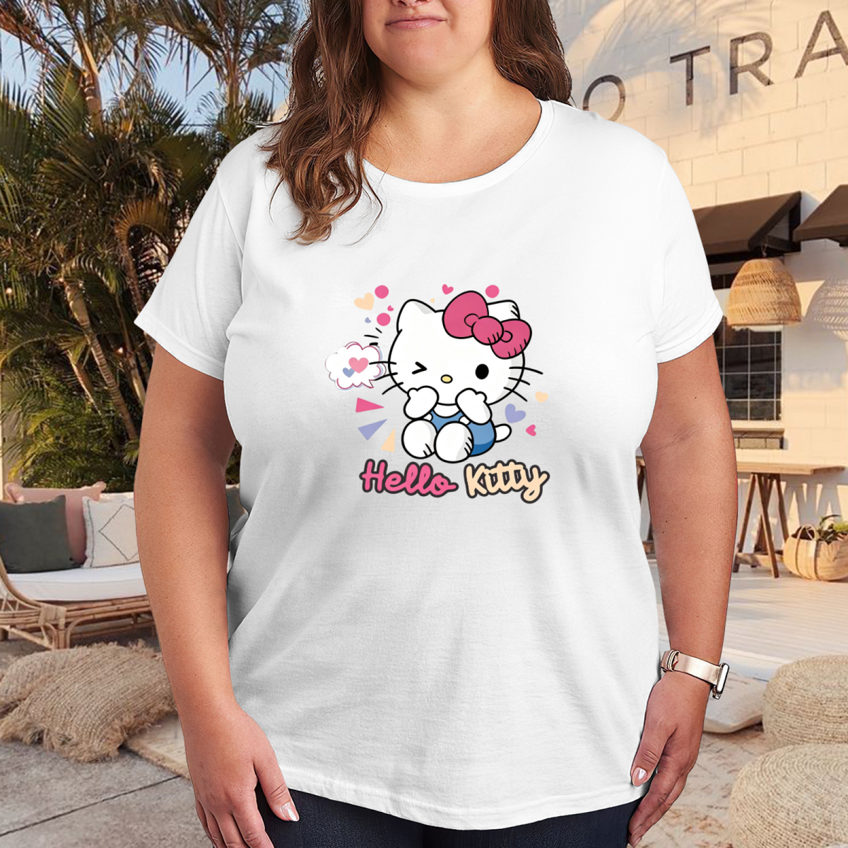 Playful Winking Hello Kitty Heart Decor Plus?Size Ladies Tee