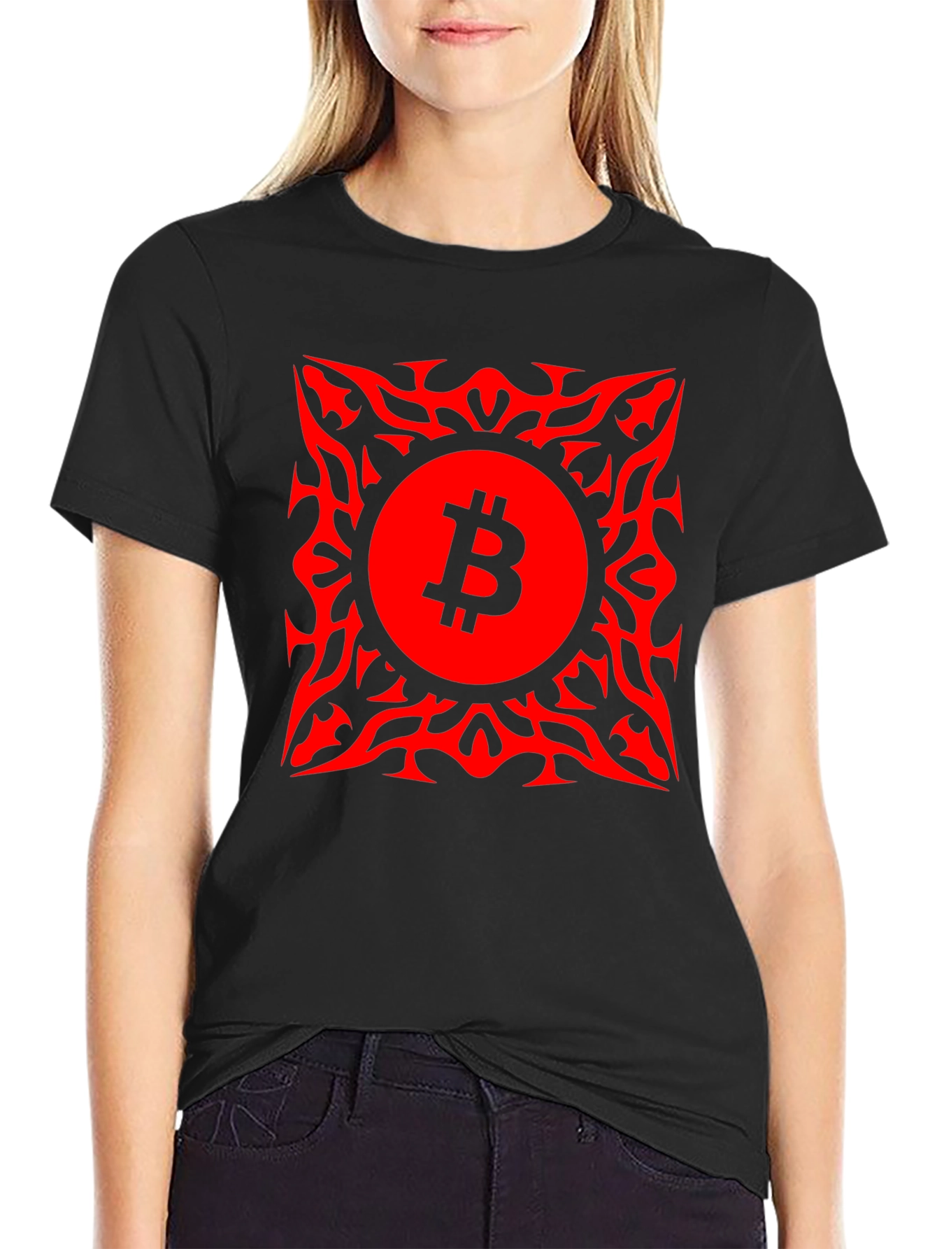 Bitcoin Red Tribal Graphic T-Shirt Crypto BTC