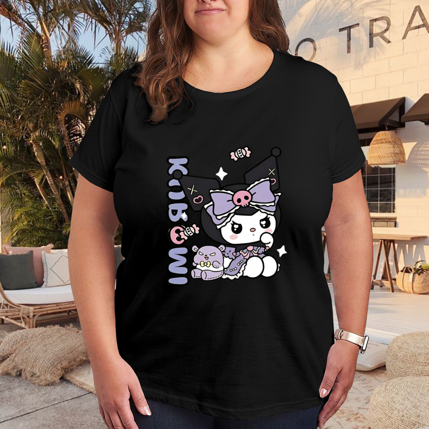 Lolita?Style Sweet Kuromi Dark Cute Plus?Size Black Women Tee