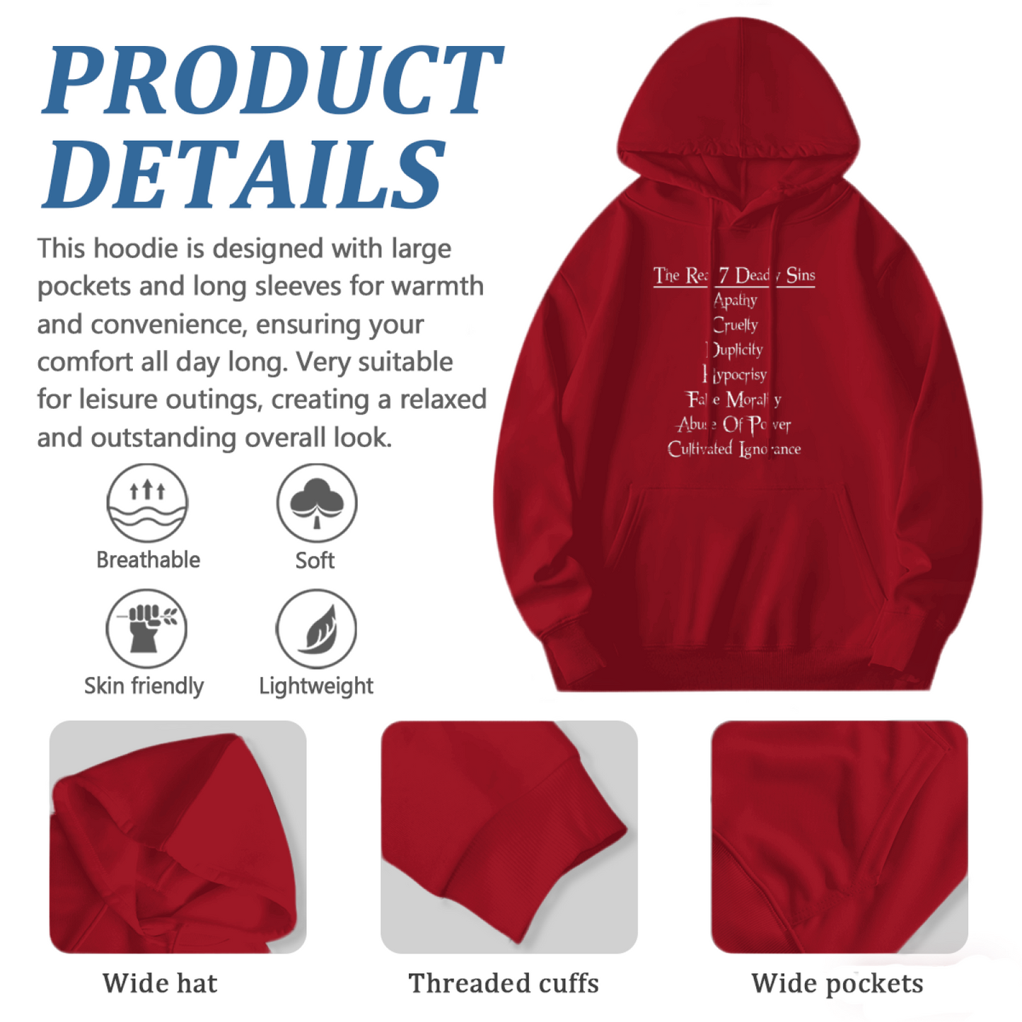 Men¡¯s The Real 7 Deadly Sins Cross Text Red Hoodie, Soft & Cozy For Daily Wear