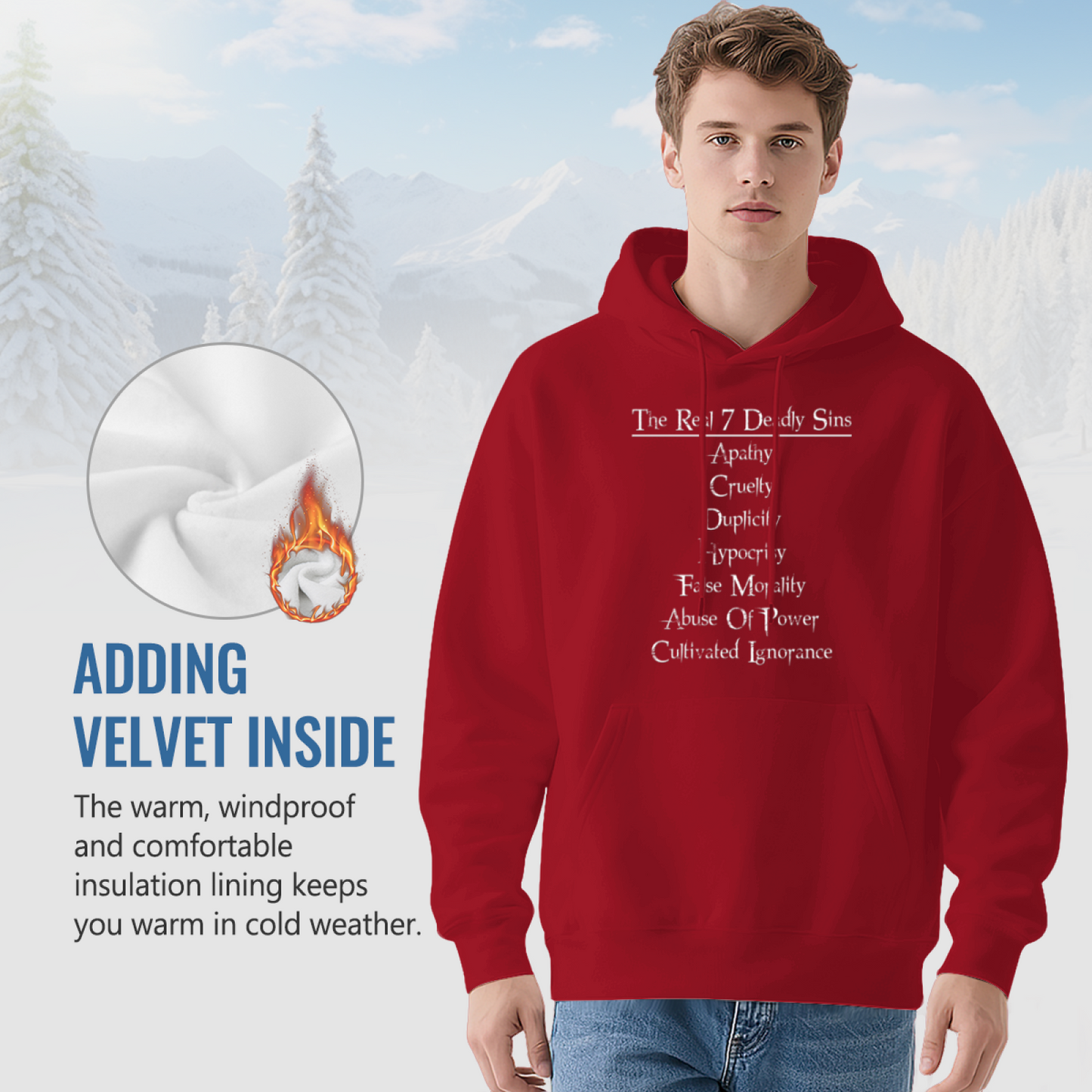 Men¡¯s The Real 7 Deadly Sins Cross Text Red Hoodie, Soft & Cozy For Daily Wear