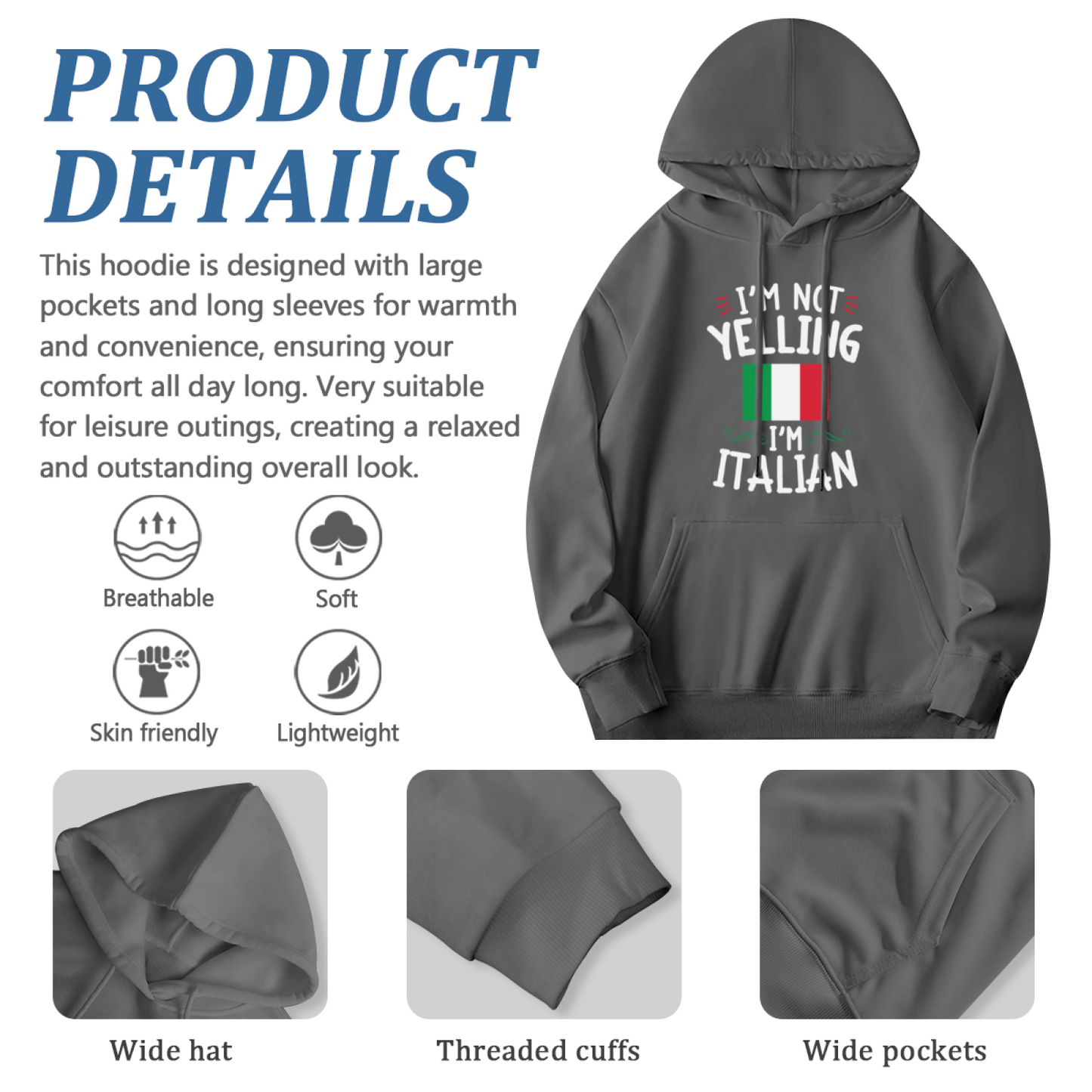 I¡¯m Not Yelling I¡¯m Italian Flag Graphic Men Hoodie, Soft Casual Wear