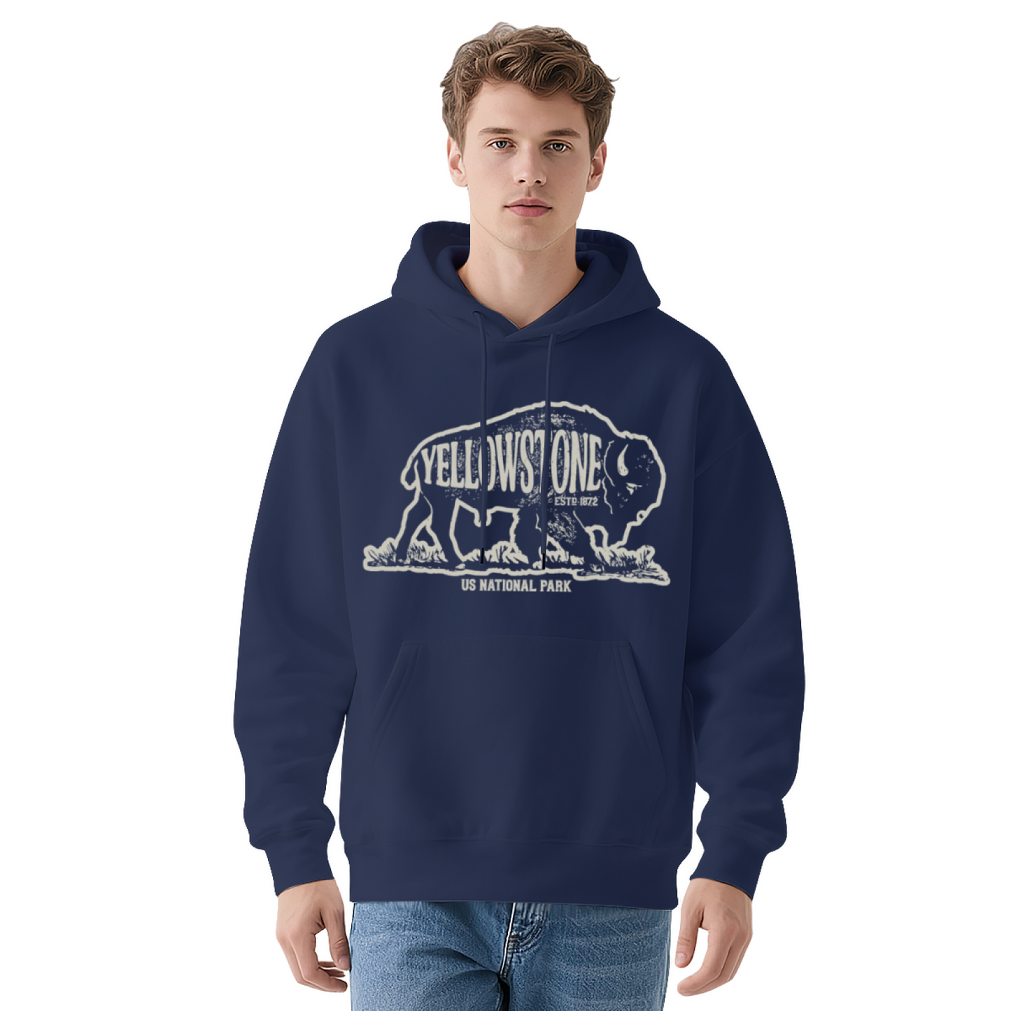 Vintage Yellowstone Bison Navy Hoodie, National Park Cozy Outdoor Sweatshirt