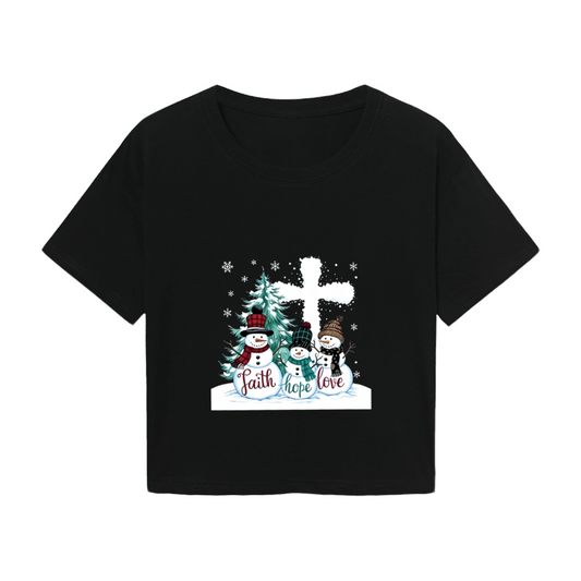 Faith Hope Love Snowman Cross Christmas Women Crop Tee