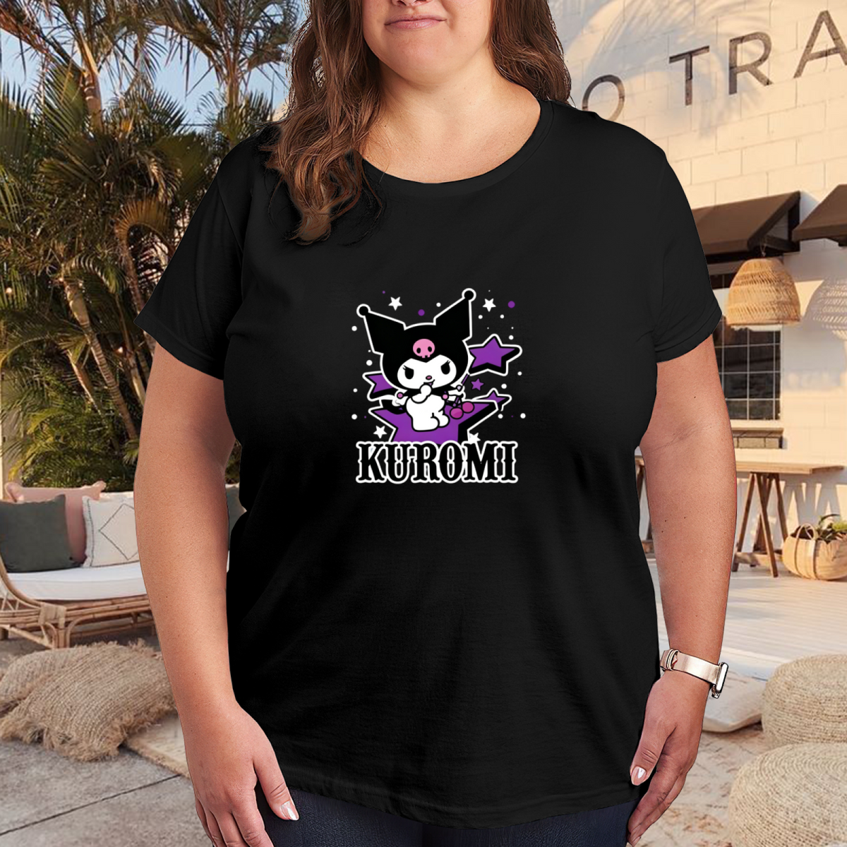 Plus Size Women Edgy Kuromi Purple Star Pattern Plus?Size Ladies Tee