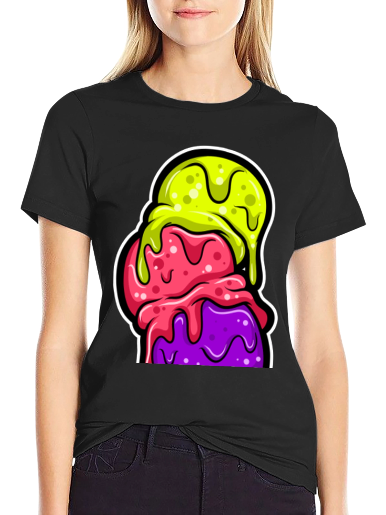 Funky Ice Cream Graphic Tee - Black Cotton T-Shirt