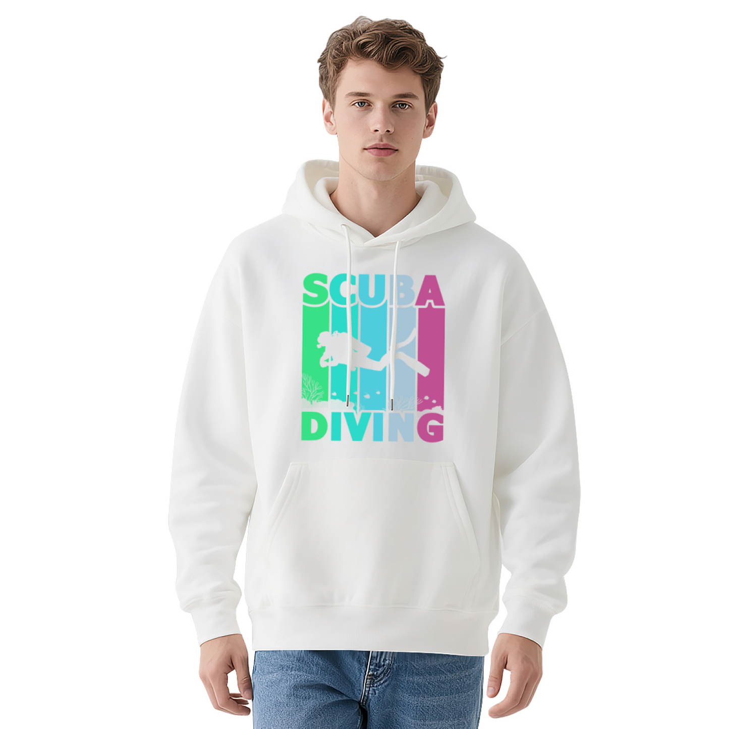 Retro Colorful Scuba Diving Silhouette Hoodie, Comfortable Black Leisure Hoodie For Divers