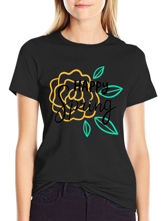 Happy Spring Graphic Black T-Shirt