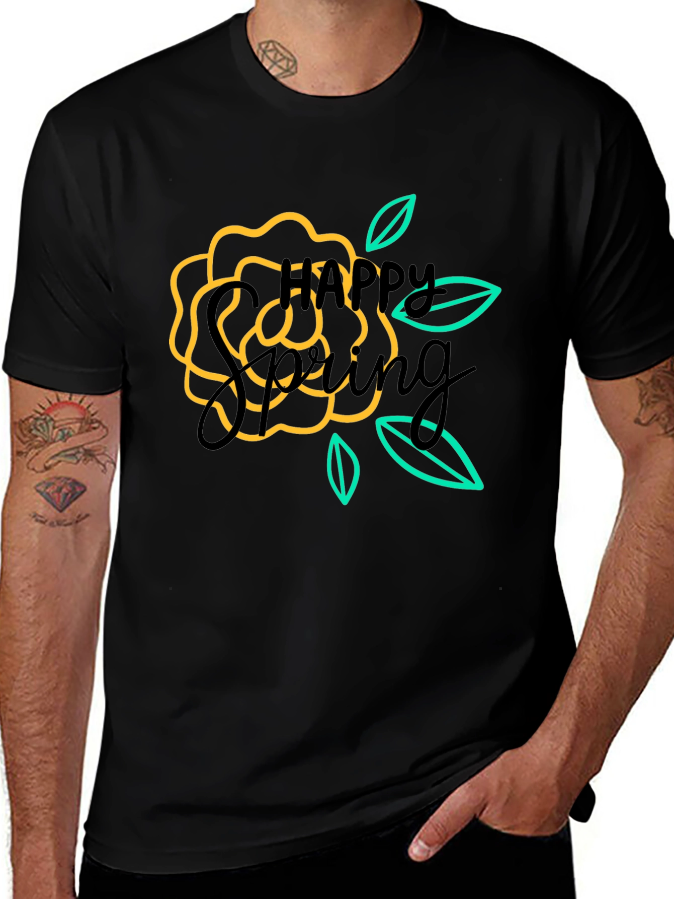 Happy Spring Graphic Black T-Shirt