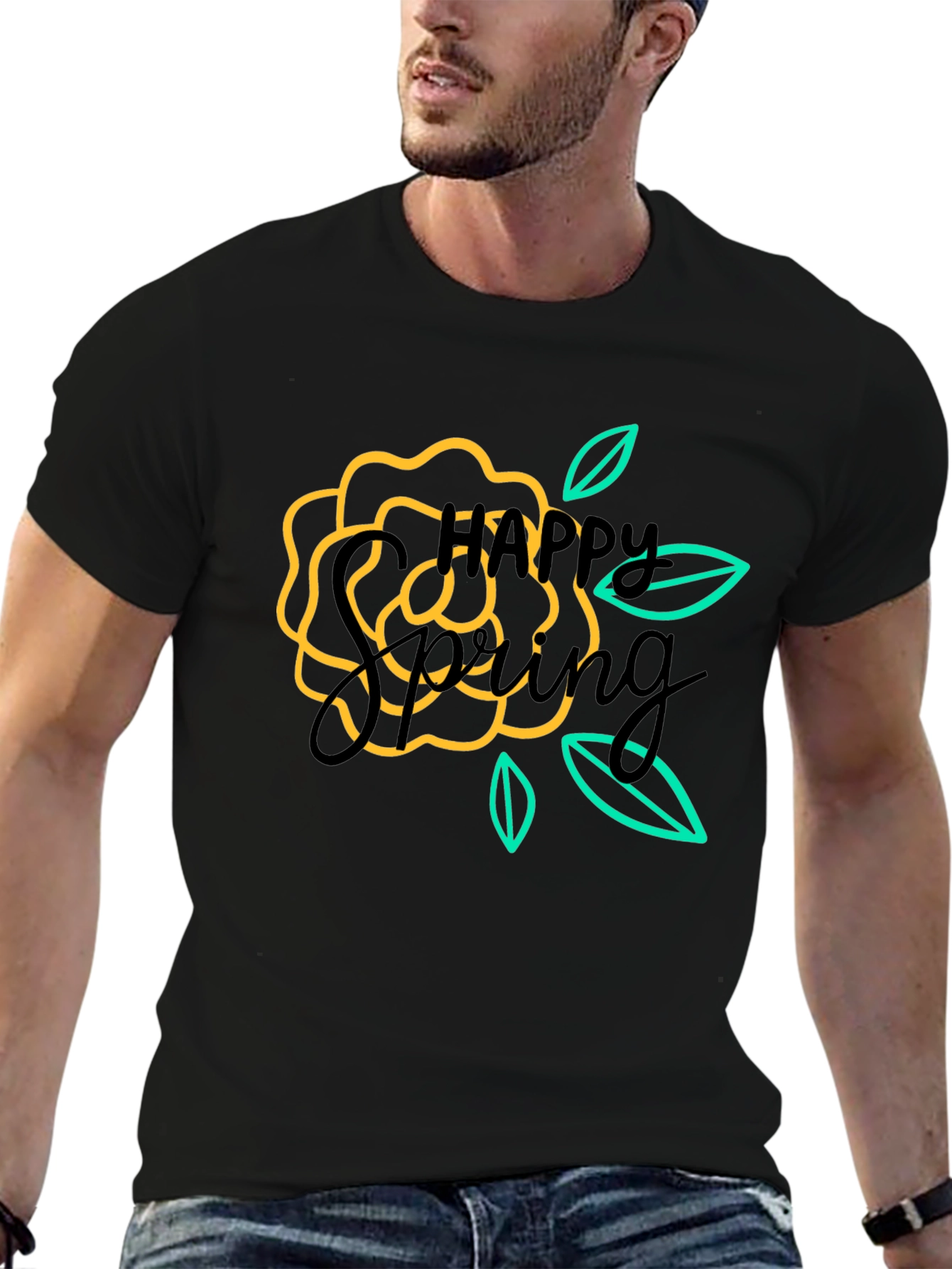 Happy Spring Graphic Black T-Shirt