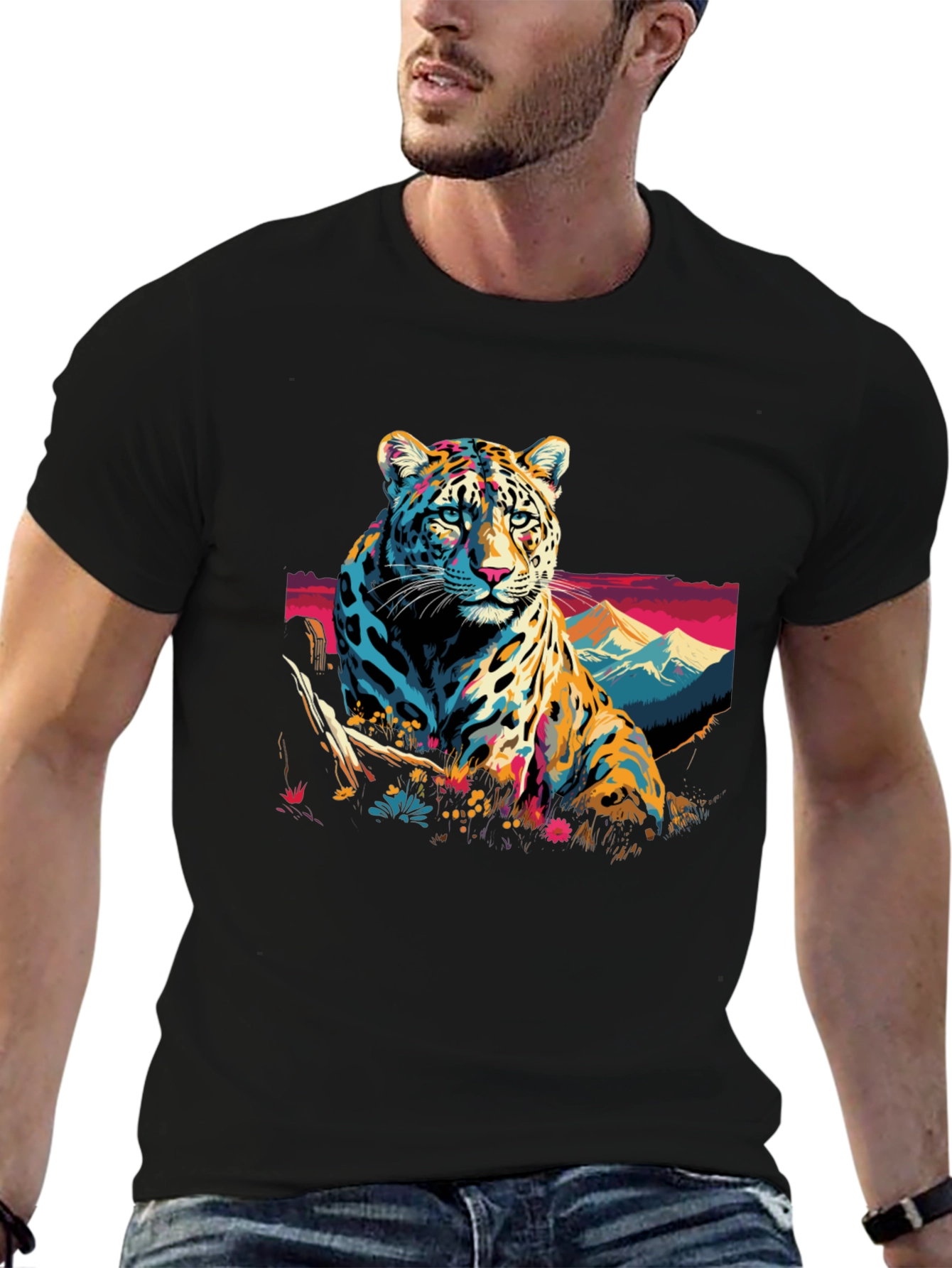 Vibrant Leopard Graphic Black T-Shirt